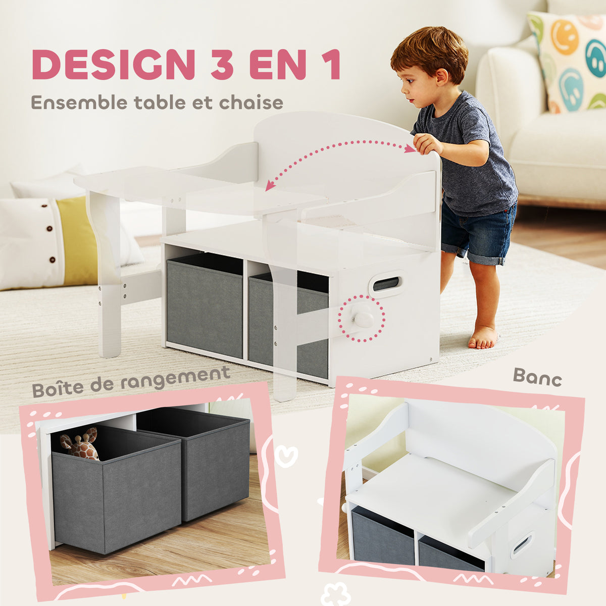 Coffre à jouet enfant 3 en 1, ensemble table et chaises avec 2 bacs en tissu amovibles, 67,5 x 46,5 x 56,7 cm, blanc