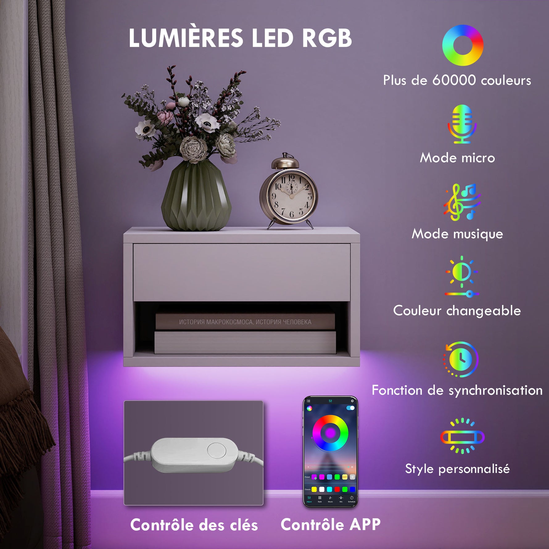 Lot de 2 tables de chevet suspendues avec éclairage LED RGB contrôle par application, étagère, tiroir, 37x32x21cm, blanc