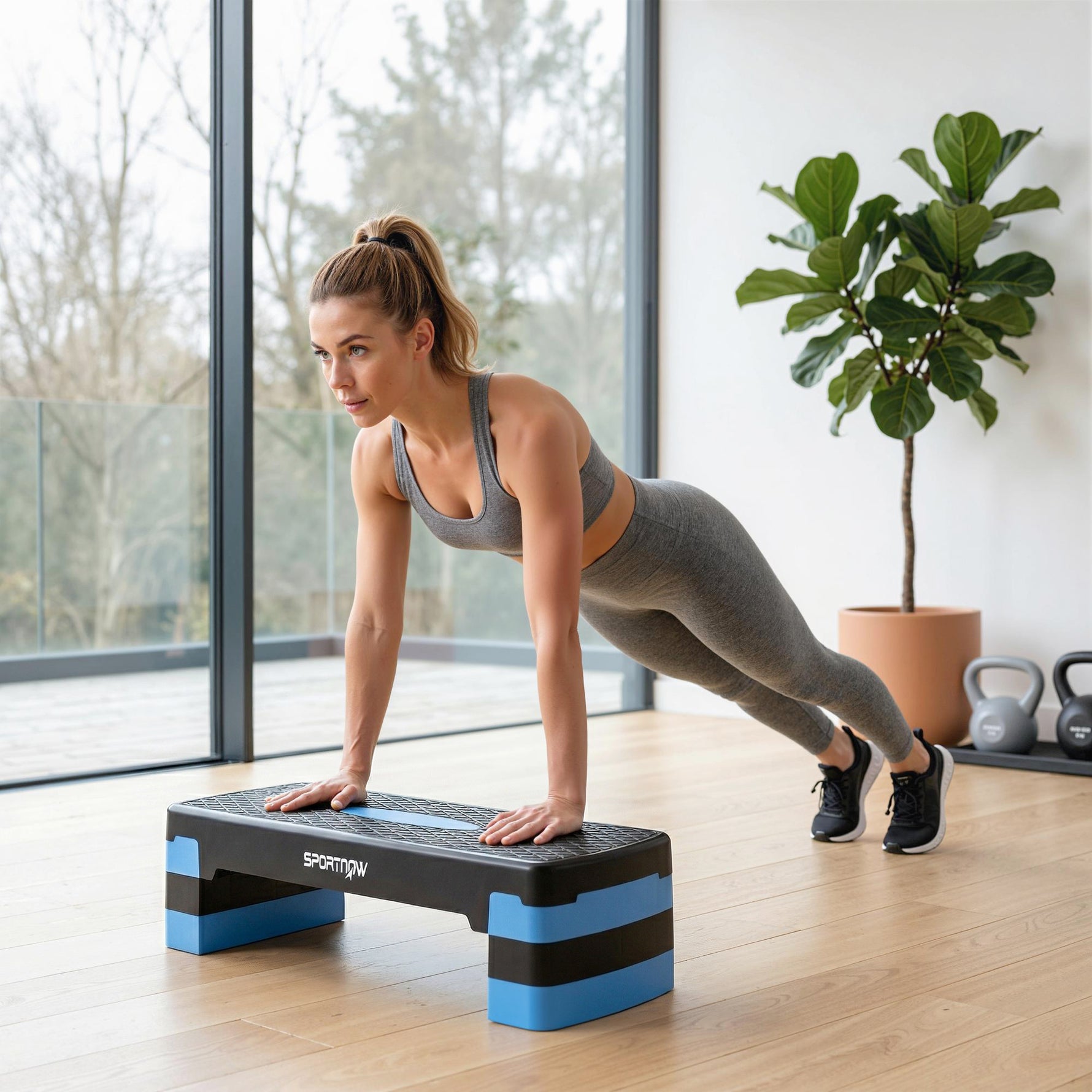 Stepper Fitness Aérobic 3 Niveaux, Hauteur Réglable 10/15/20 cm avec Rehausses, Surface Antidérapante, 68x29x20cm, Bleu