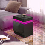 Comodino tavolino da notte con luce LED RGB, pannello lucido con 2 cassetti per soggiorno camera da letto nero