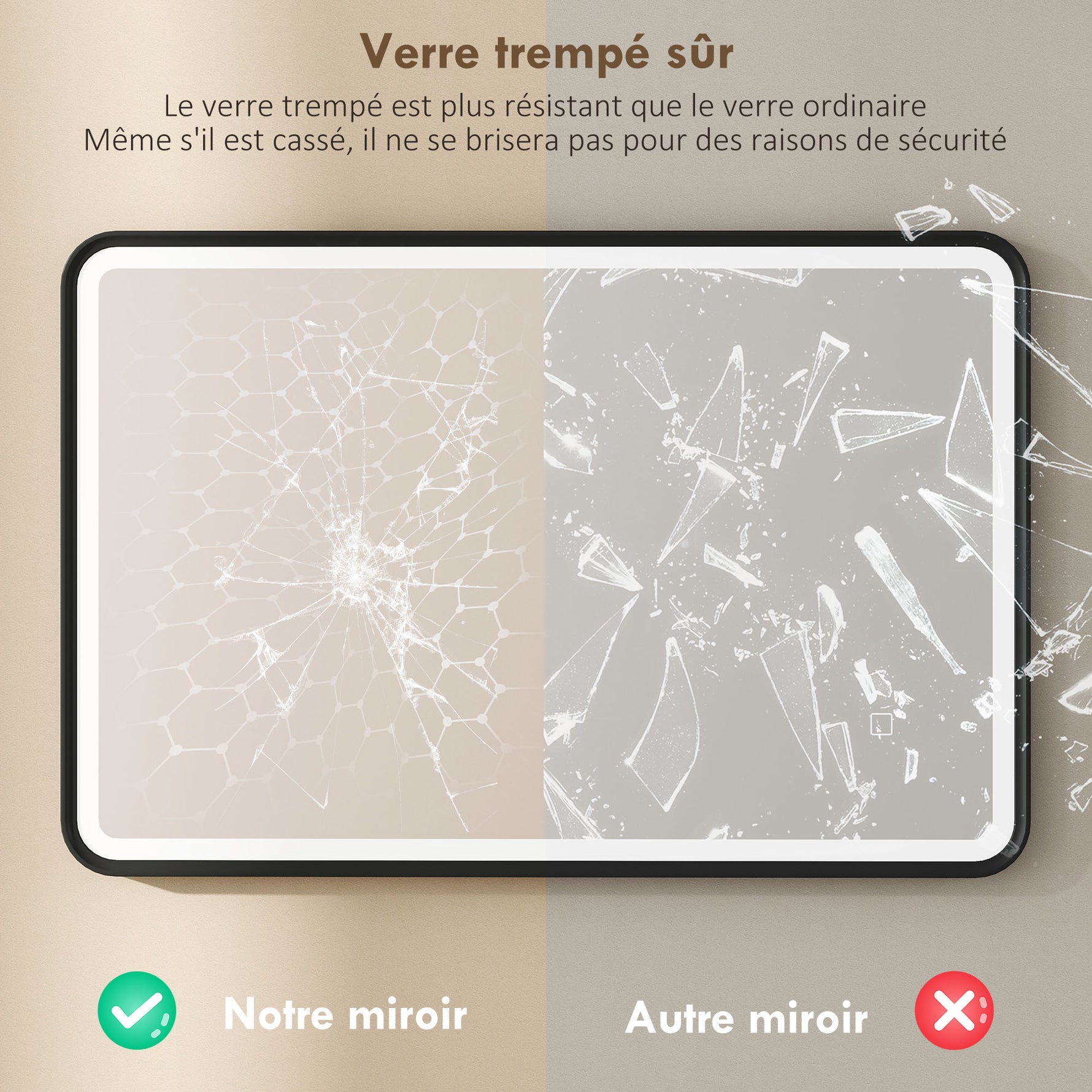 Miroir salle de bain avec éclairage 90 x 60 cm, miroir LED mural, anti-buée, 3 couleurs lumière, dimmable, noir