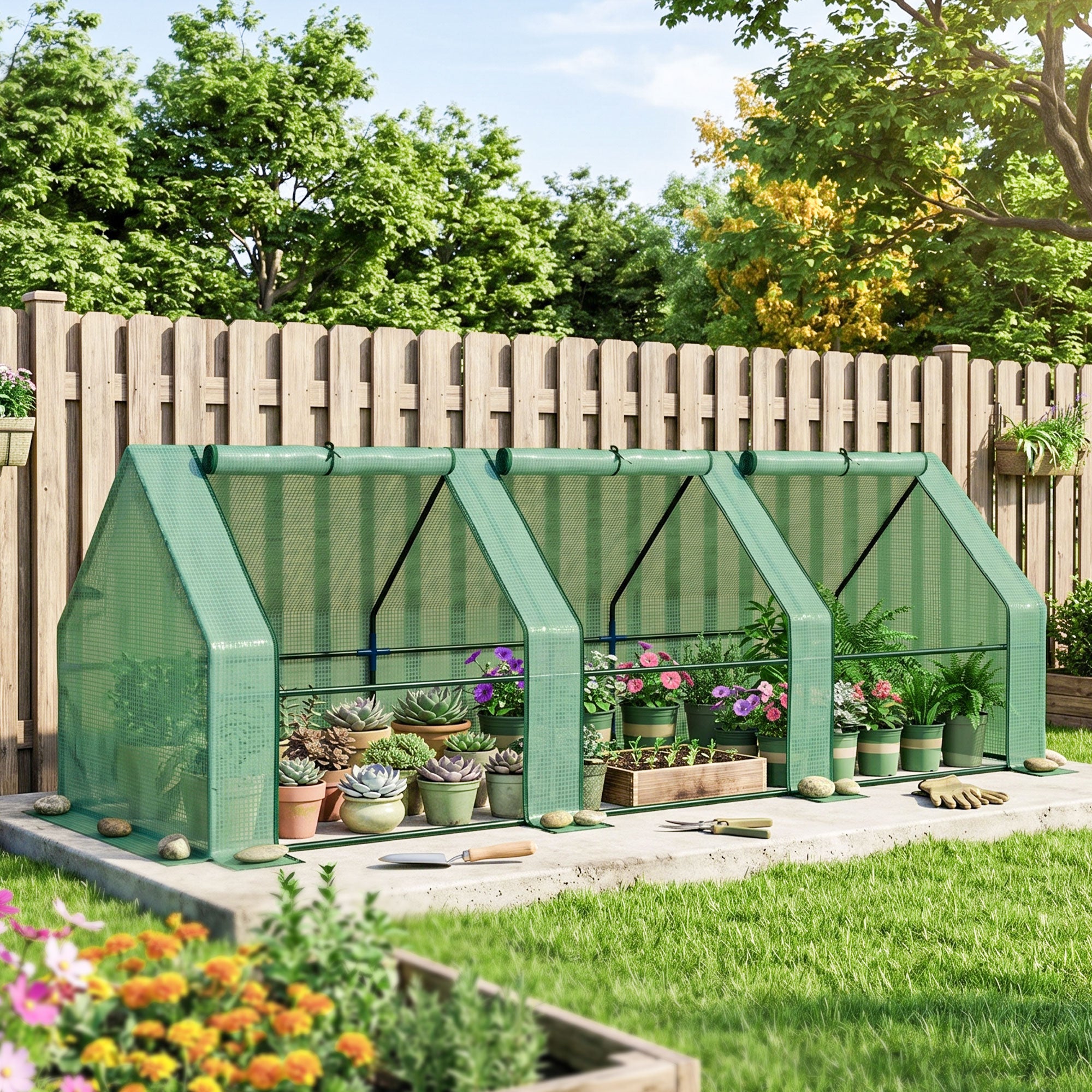 Mini Serre de Jardin mini serre tunnel 270L x 90l x 90H cm toit pointu Acier PE Haute densité 140 g/m² Anti-UV 3 fenêtres avec Zip enroulables Vert