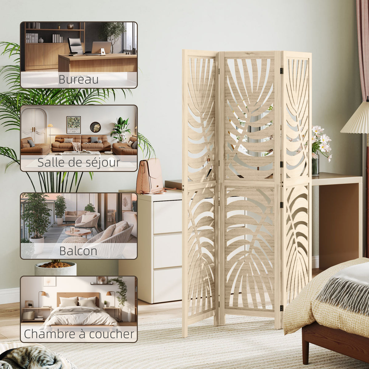 Paravent interieur en bois 3 panneaux 120 x 170 cm, pliable et portable, motif de feuille, design amovible, bois naturel