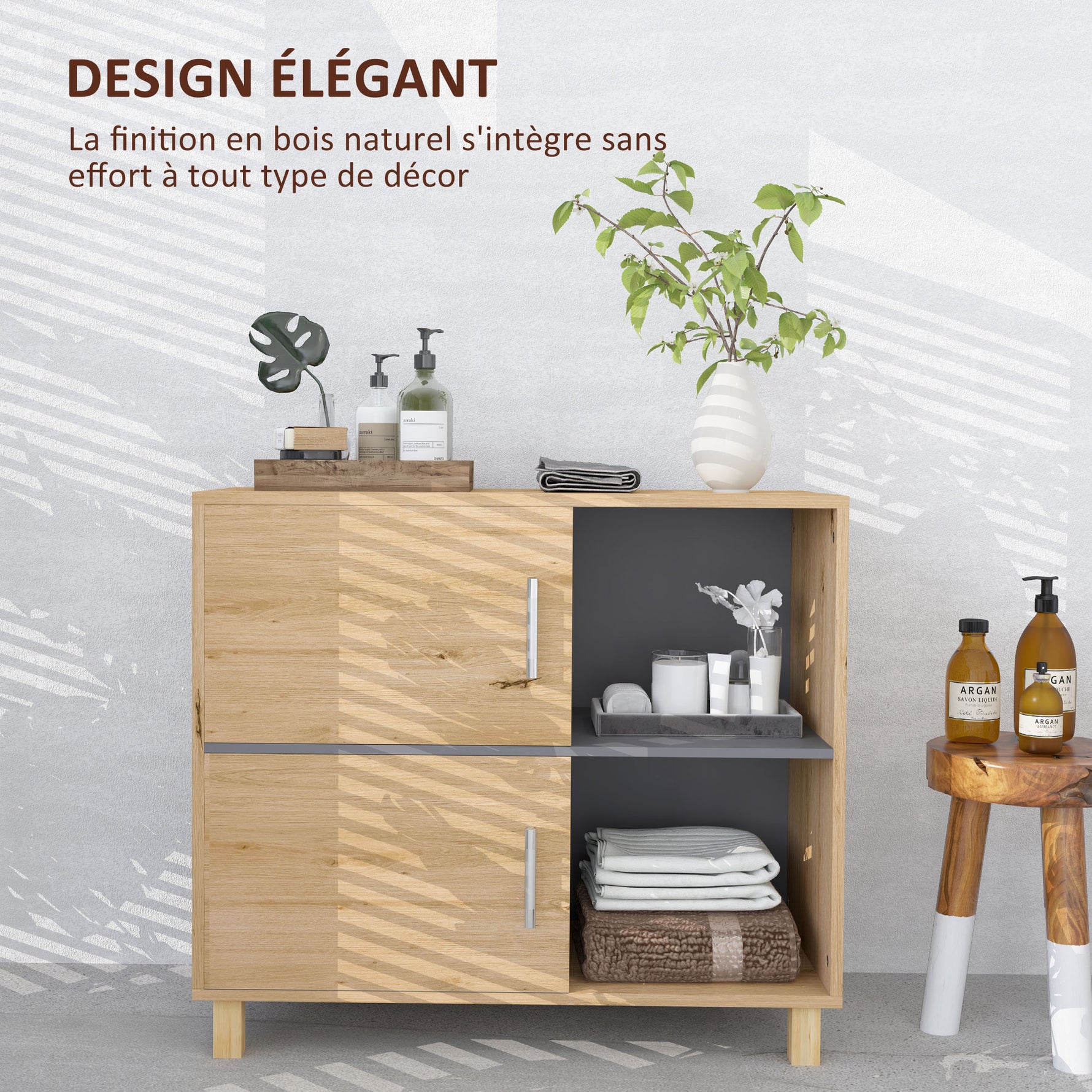 Meuble de salle de bain, meuble de rangement avec compartiments ouverts et placard, dim. 80 x 35 x 70 cm, bois naturel