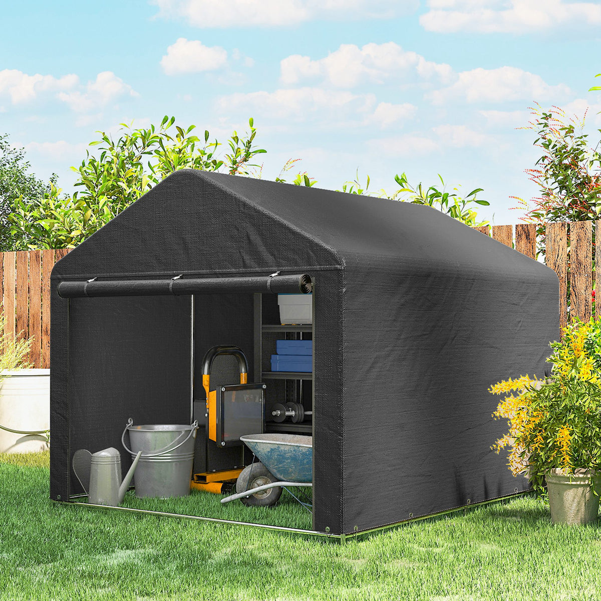 Abri de jardin tente de stockage imperméable abri moto porte enroulable fermeture éclair, 200 x 238 x 183 cm, gris foncé