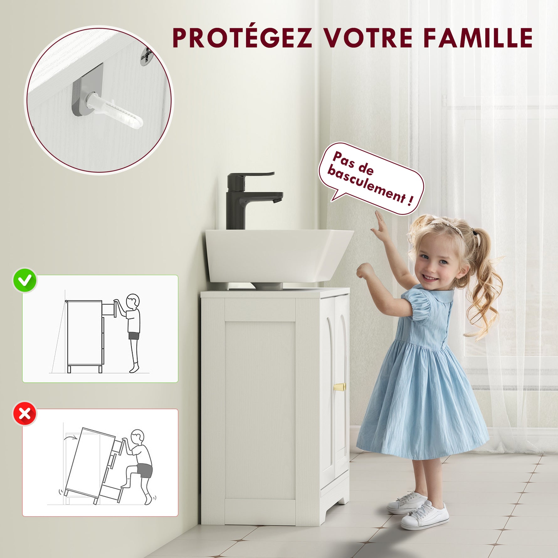 Meuble sous lavabo salle de bain avec placard à portes et étagère réglable, pour bassin avec ou sans pédestal, blanc