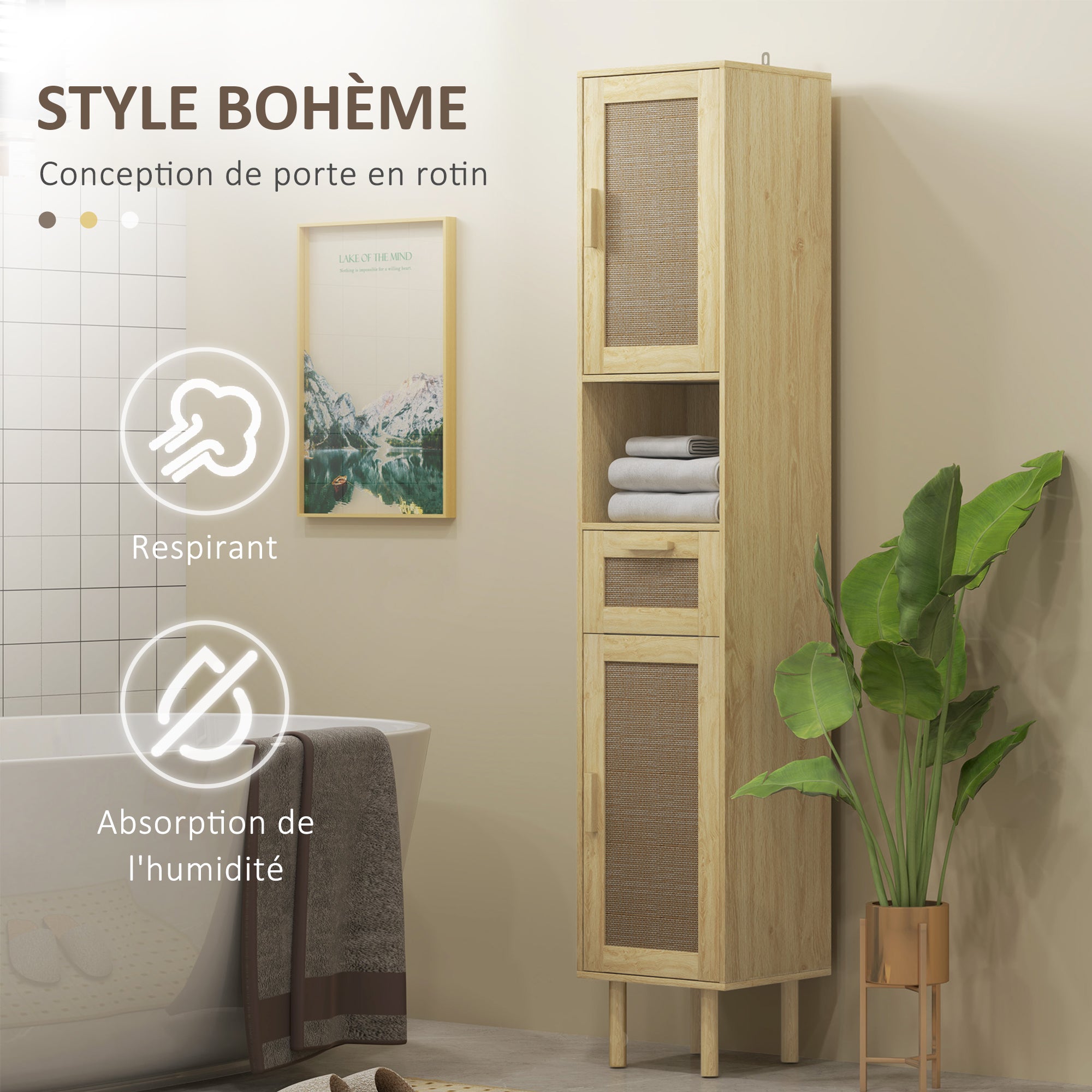 Bathroom cabinet, bathroom storage column with rattan doors, 1 drawer, 2 cupboards, 32 x 30 x 170 cm, oak