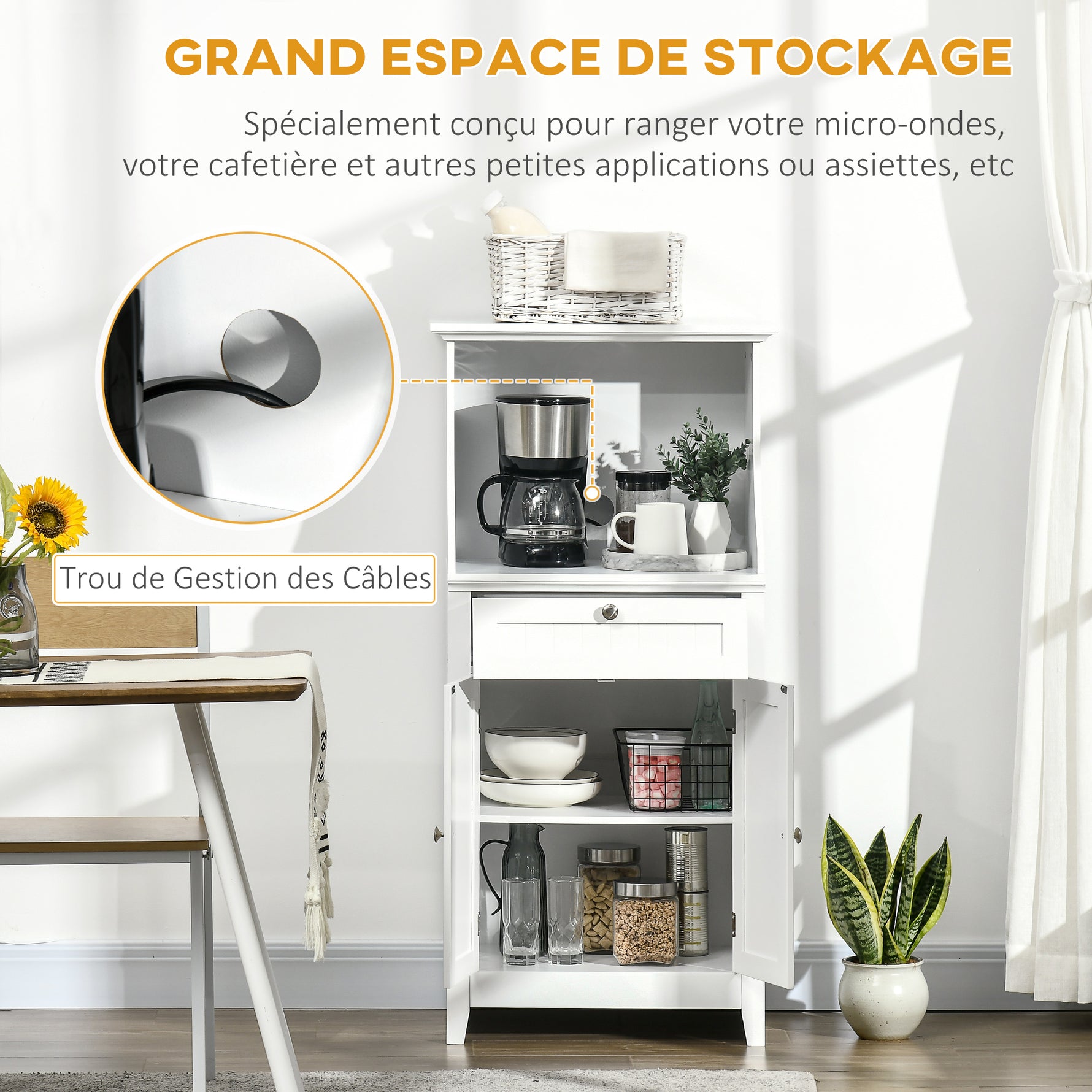 Meuble armoire micro-ondes pour cuisine avec 1 tiroir, 2 Portes 60 x 40 x 122,5 cm - MDF - Blanc