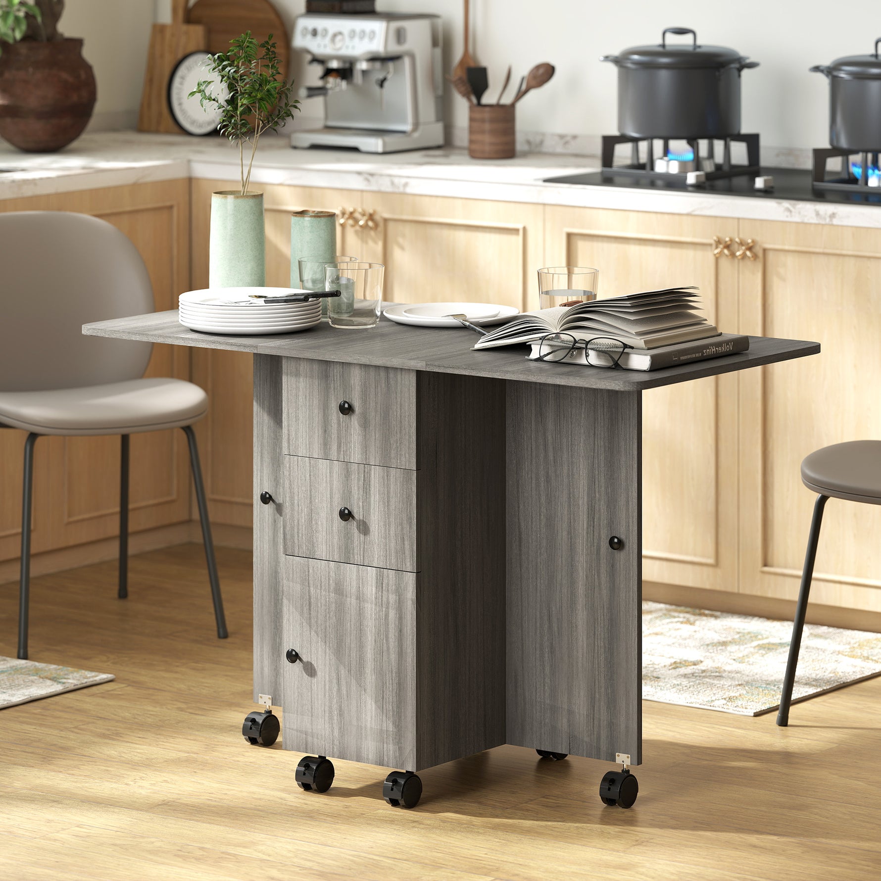 Table de cuisine pliable table à manger pliante 2 plateaux rabattables avec 2 tiroirs 1 placard gris
