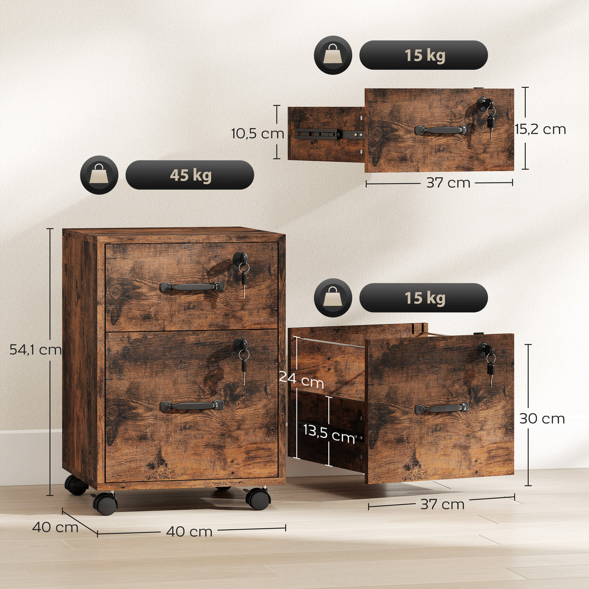 Caisson bureau mobile à 2 tiroirs, meuble rangement bureau sur roulettes pour documents suspendus format lettre, marron