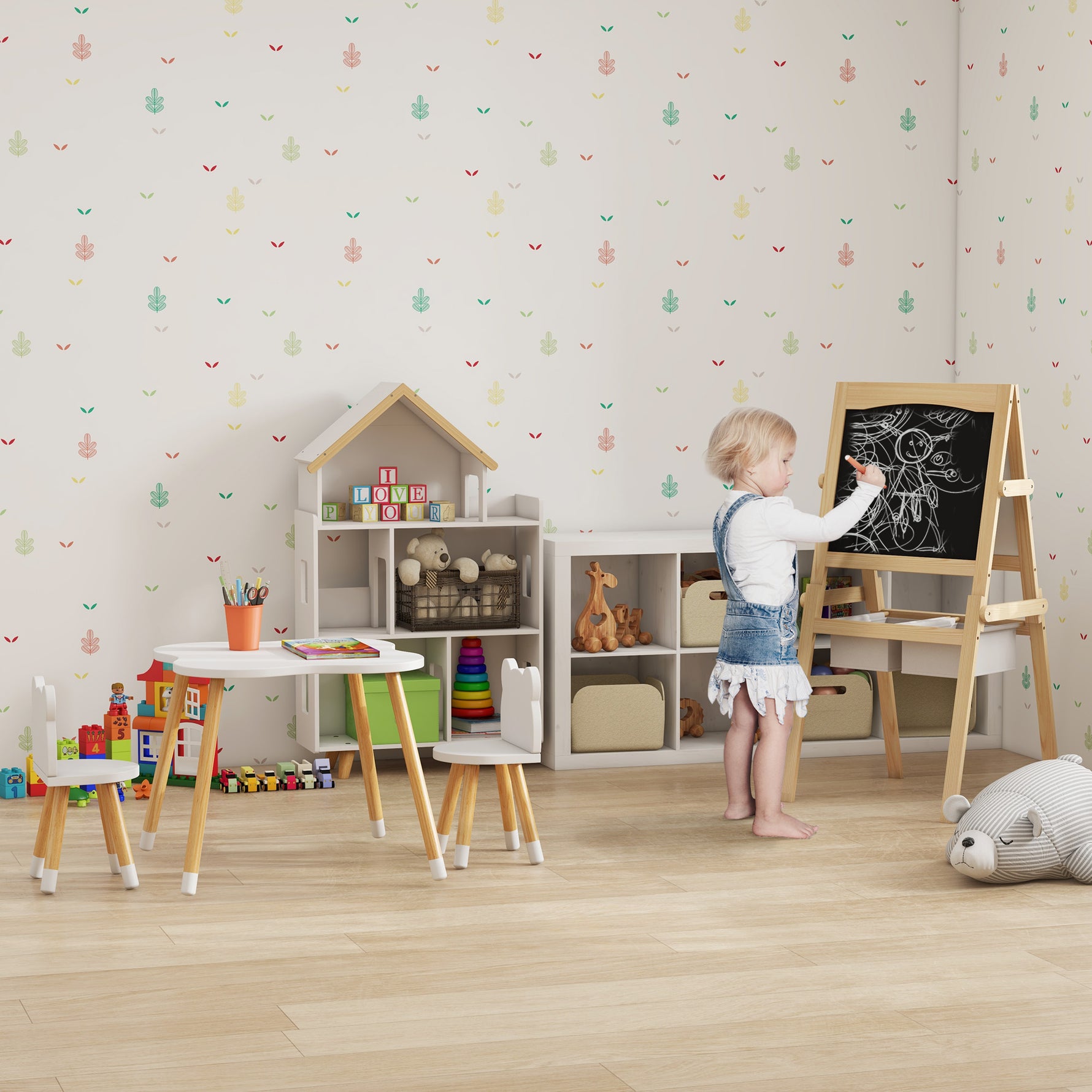 Ensemble table et chaises enfant design scandinave motif ourson bois pin MDF blanc