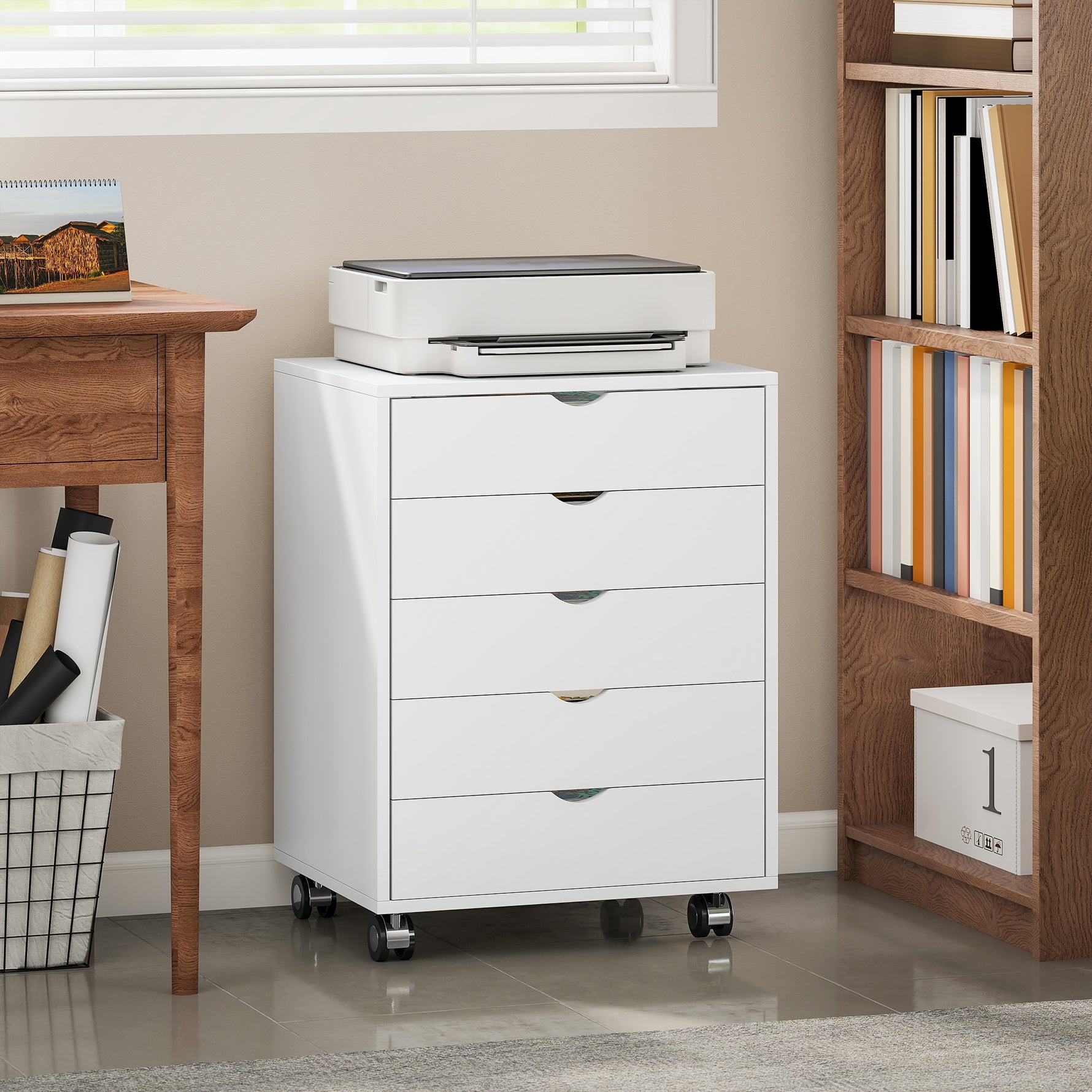 Caisson bureau mobile avec 5 tiroirs, meuble rangement bureau à roulettes pour documents A3/Lettre/A4, blanc