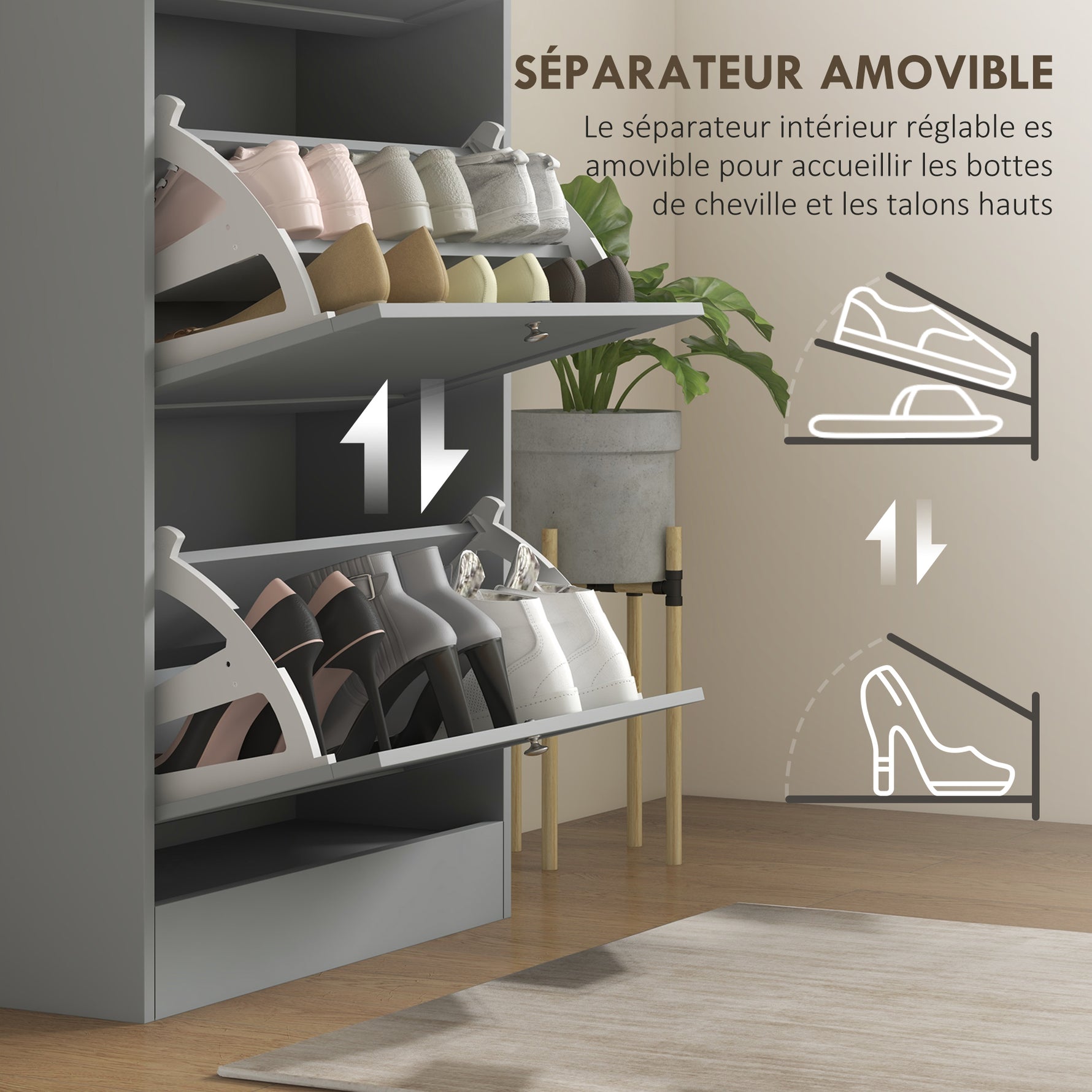Meuble à chaussures 18 paires, armoire à chaussures avec 3 tiroirs rabattables, étagères réglables, 60x23,5x115cm, gris