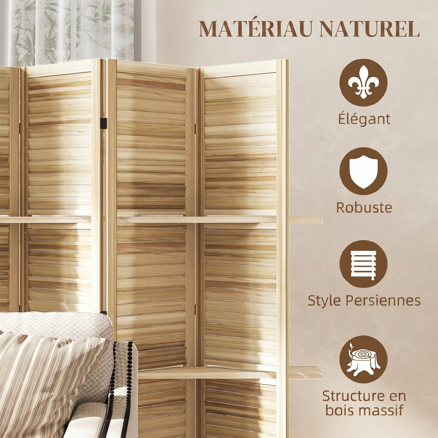 Paravent intérieur en bois 4 panneaux 160 x 170 cm, séparateur de pièce pliable 3 étagères, bois naturel effet brûlé