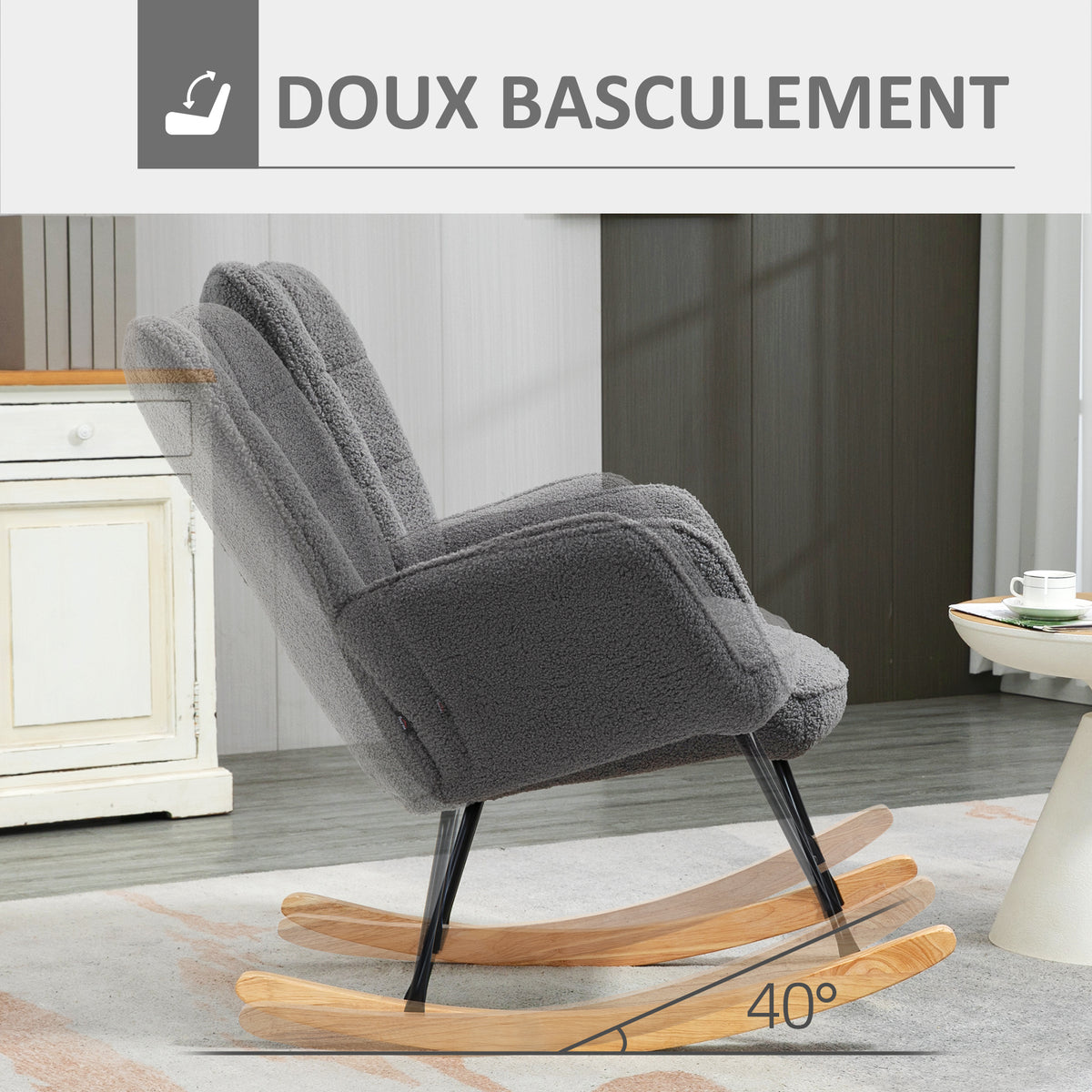 Fauteuil à bascule rocking chair revêtement effet laine bouclée, structure en acier 71 x 98 x 101 cm Gris foncé
