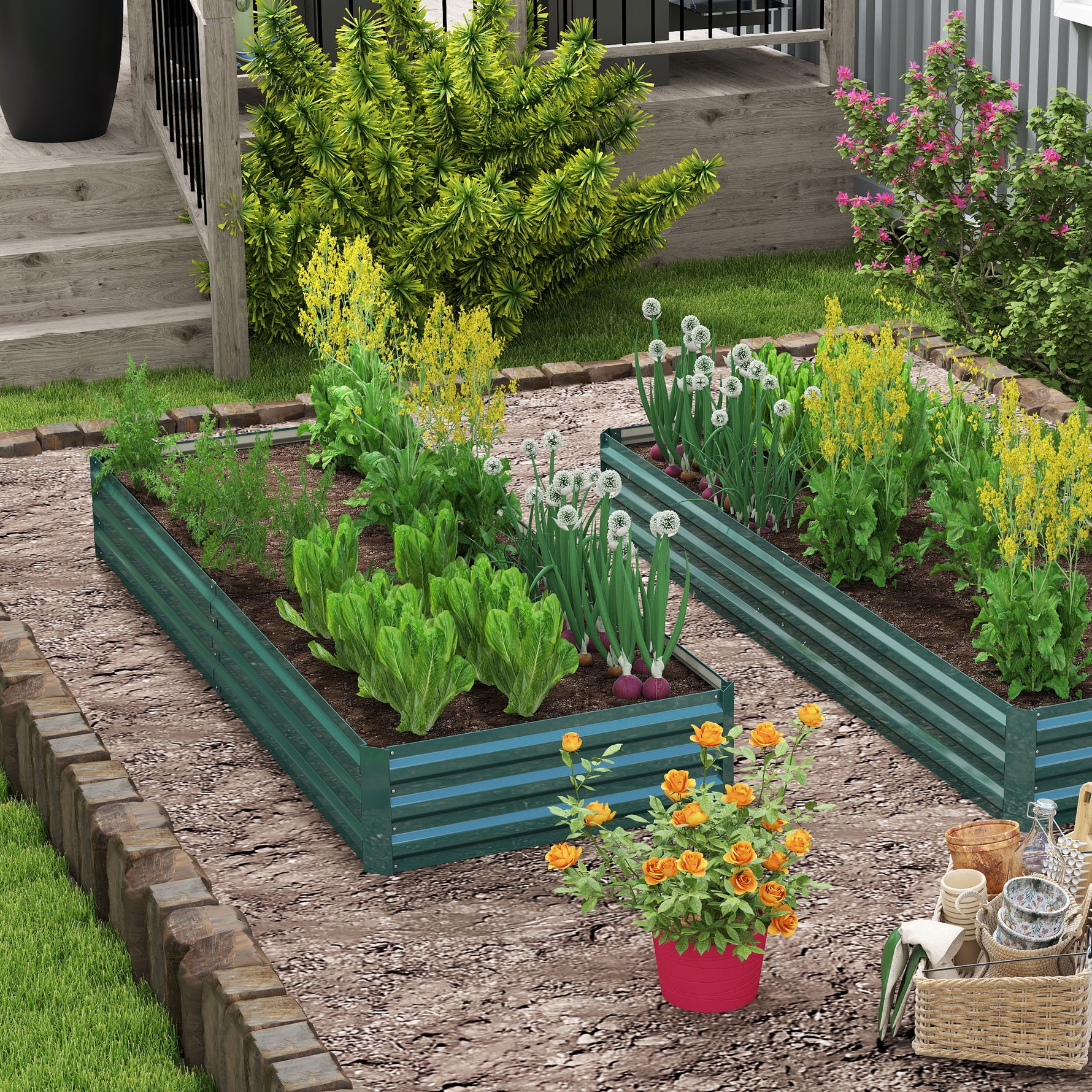 Carré Potager en Métal Modulable - Potager Surélevé 241x90,5x30cm en Acier Galvanisé - Jardinière Extérieur Anti-Rouille pour Légumes et Fleurs, Vert Foncé