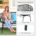 Banquette banc de jardin 2 places en métal et cordage en résine avec 2 coussins - dim. 132L x 72l x 83H cm - noir