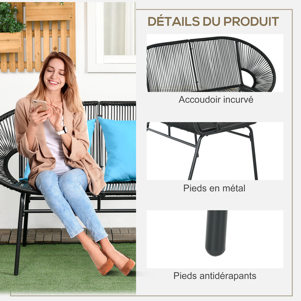 Banquette banc de jardin 2 places en métal et cordage en résine avec 2 coussins - dim. 132L x 72l x 83H cm - noir