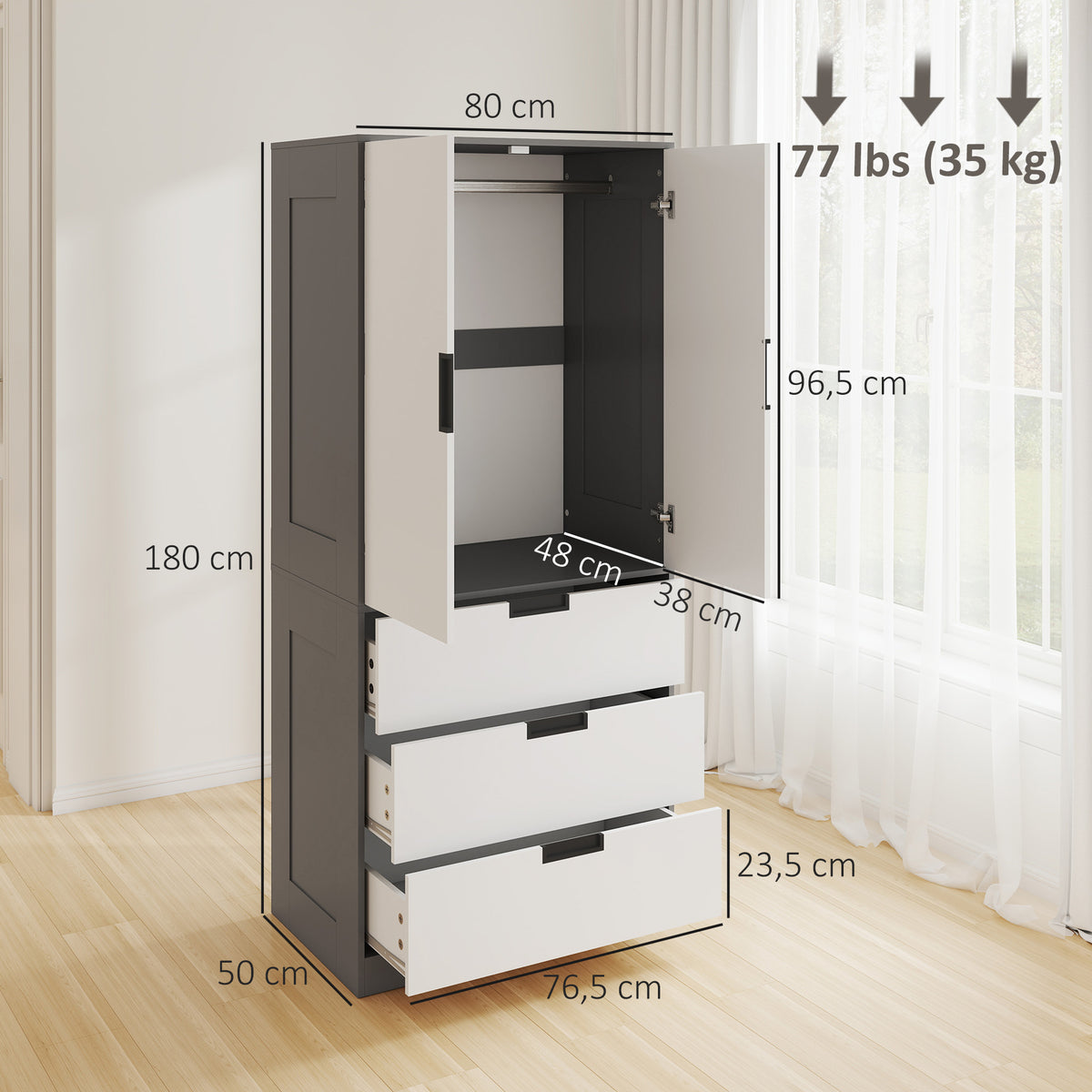 Armoire chambre penderie avec 2 portes à fermeture douce, 3 tiroirs et barre de suspension, 80x50x180cm, gris et blanc