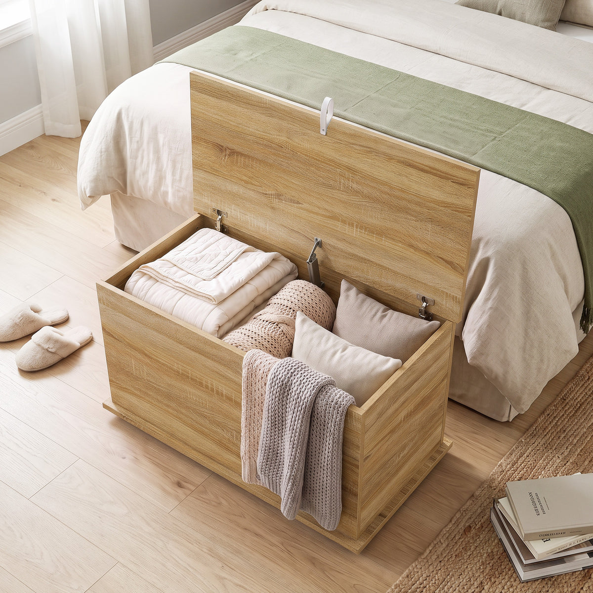 Coffre de Rangement, Banc de Rangement avec Couvercle Rabattable et Charnières de Sécurité, 80 x 40 x 45 cm, Naturel