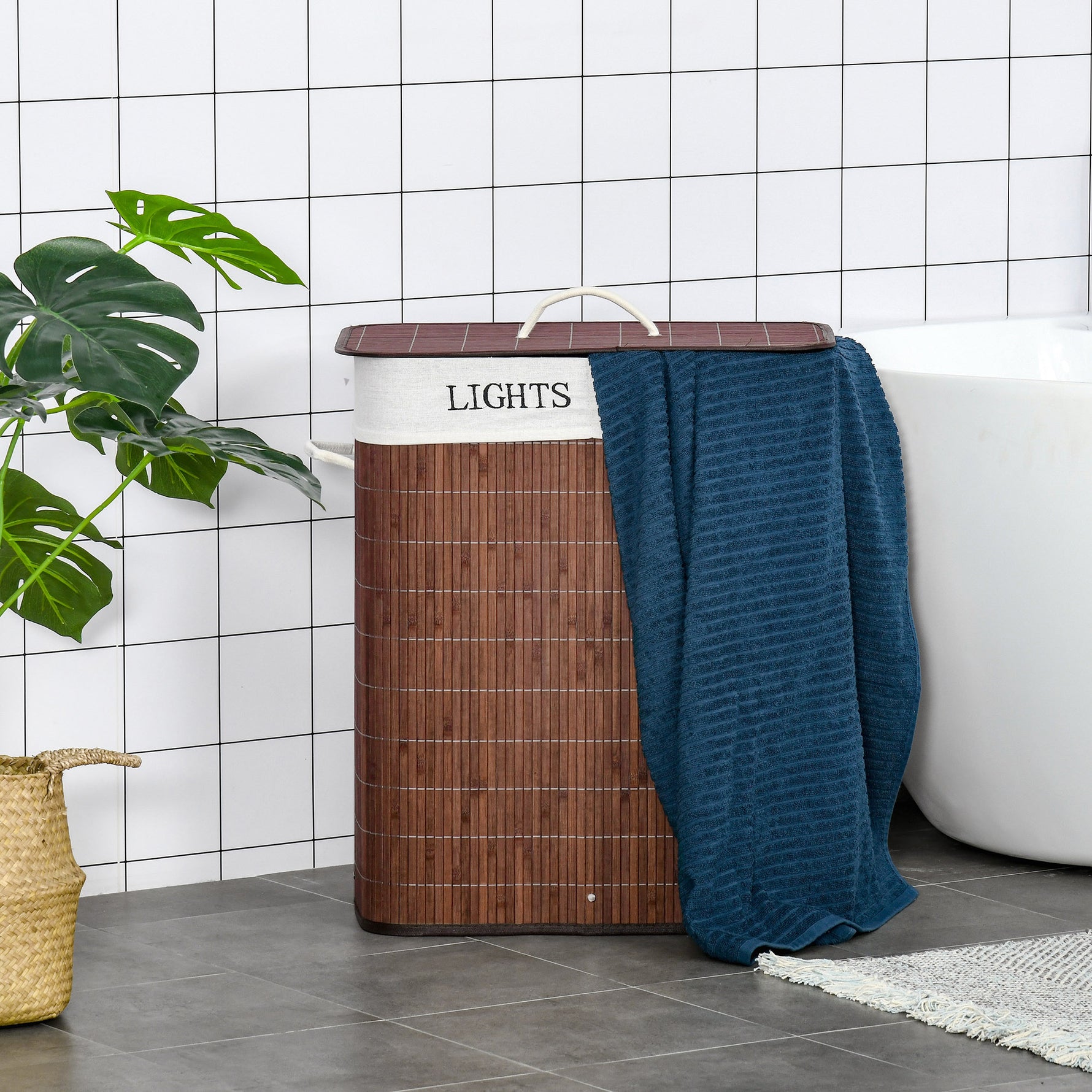 Panier à linge 100L avec 2 bacs bambou pliable couvercle poignée avec Sac amovible et lavable marron