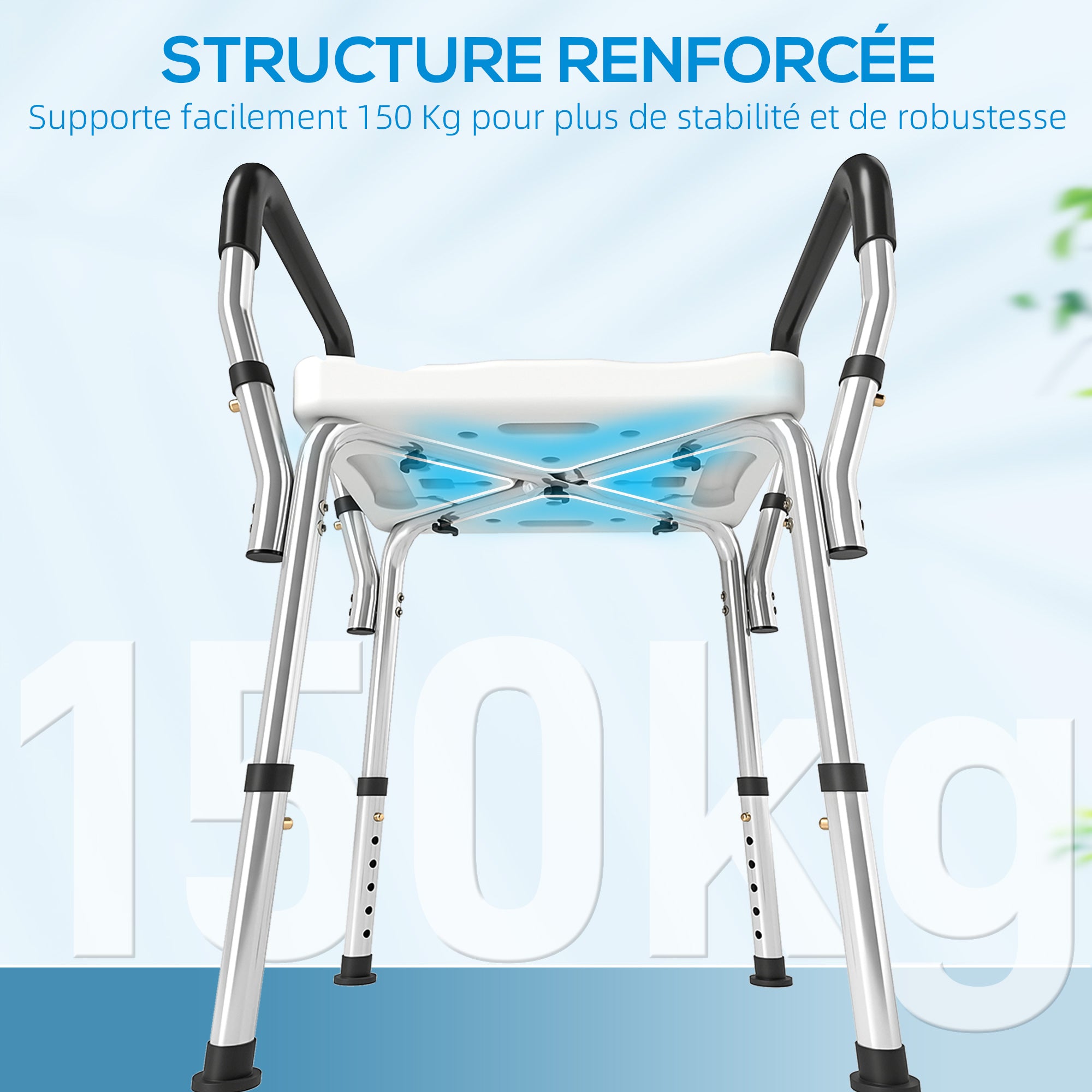 Tabouret de douche pour personnes âgées et handicapées avec accoudoirs, hauteur réglable, patins antidérapants, blanc