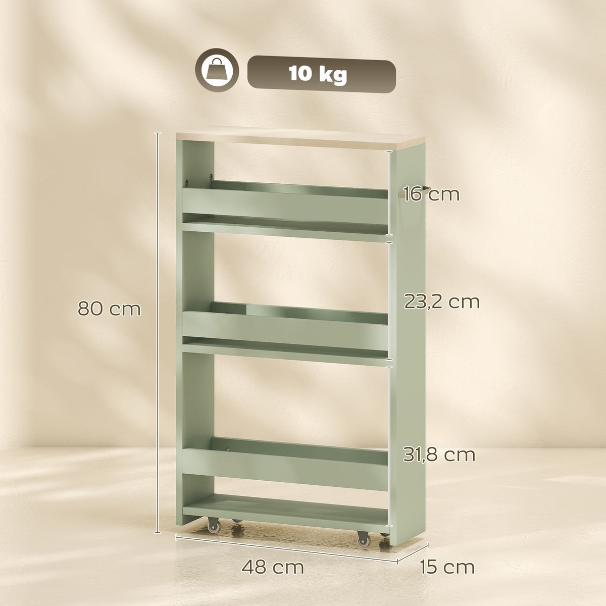 Carrello portaoggetti a 3 ripiani, carrello di stoccaggio con ruote e manico - 48 x 15 x 80 cm verde