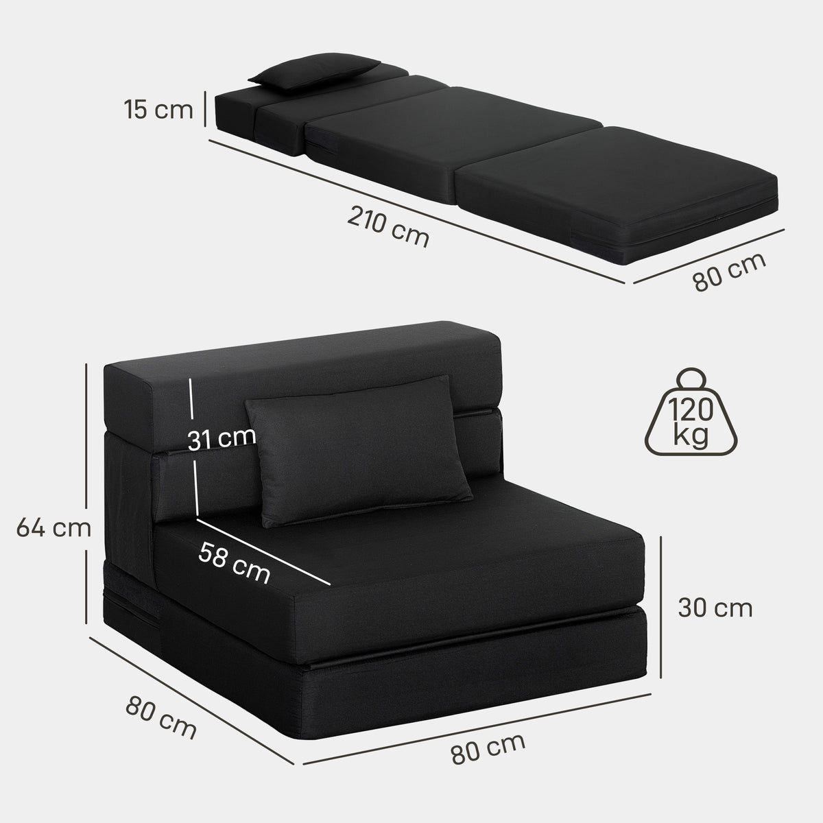 Convertible 1-seater armchair, folding bed chair, cushion included, for guests, living room, small space, 120 kg capacity, black