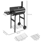 Houtskoolbarbecue trolley, met zijplanken, wielen, deksel, thermometer, schoorsteen, van zwart metaal