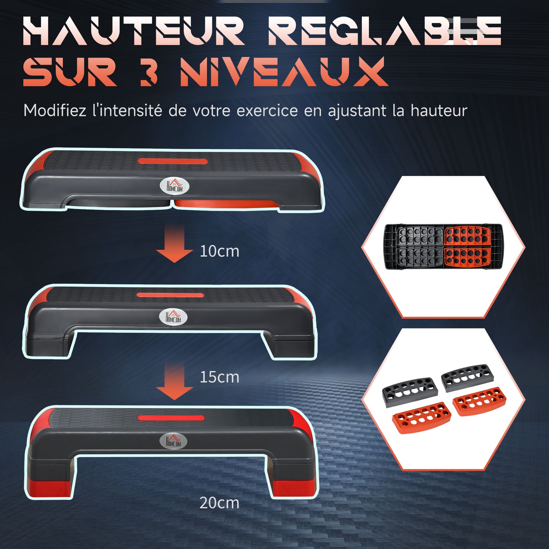 Stepper aérobic fitness hauteur réglable 3 niveaux surface antidérapante 78 x 28 x 20 cm gris et rouge