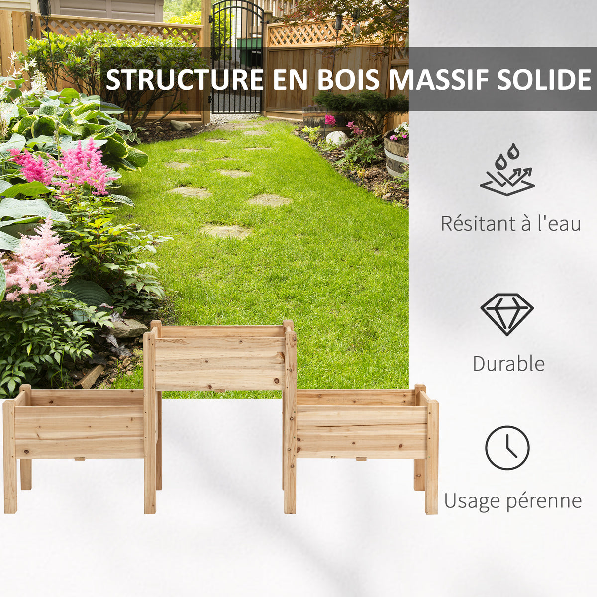 Jardinière sur Pieds carré Potager 2 étages dim. 184L x 45l x 80H cm Inserts d'irrigation Bois Sapin pré-huilé