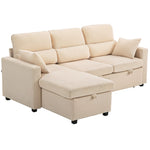 Canapé d'angle convertible en velours côtelé, canapé-lit 3 places avec rangement caché, coussins, 205x135x76cm, beige