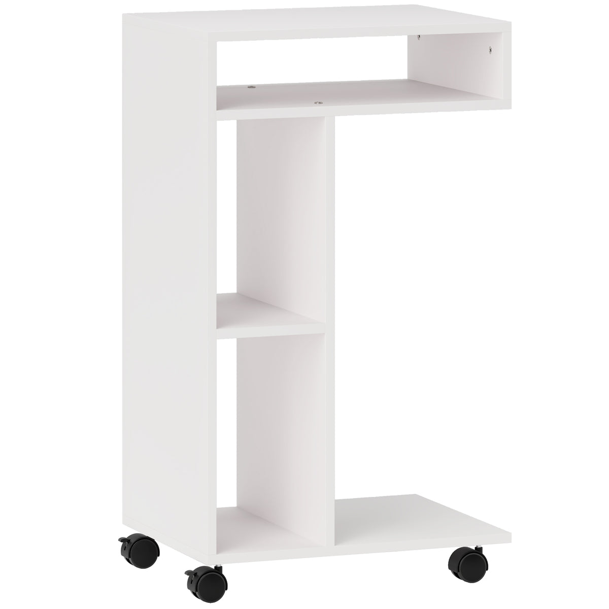 C-förmiger Beistelltisch mit Rollen, mit 3 Fächern und 1 offenem Regal, 40 x 30 x 69 cm, weiß
