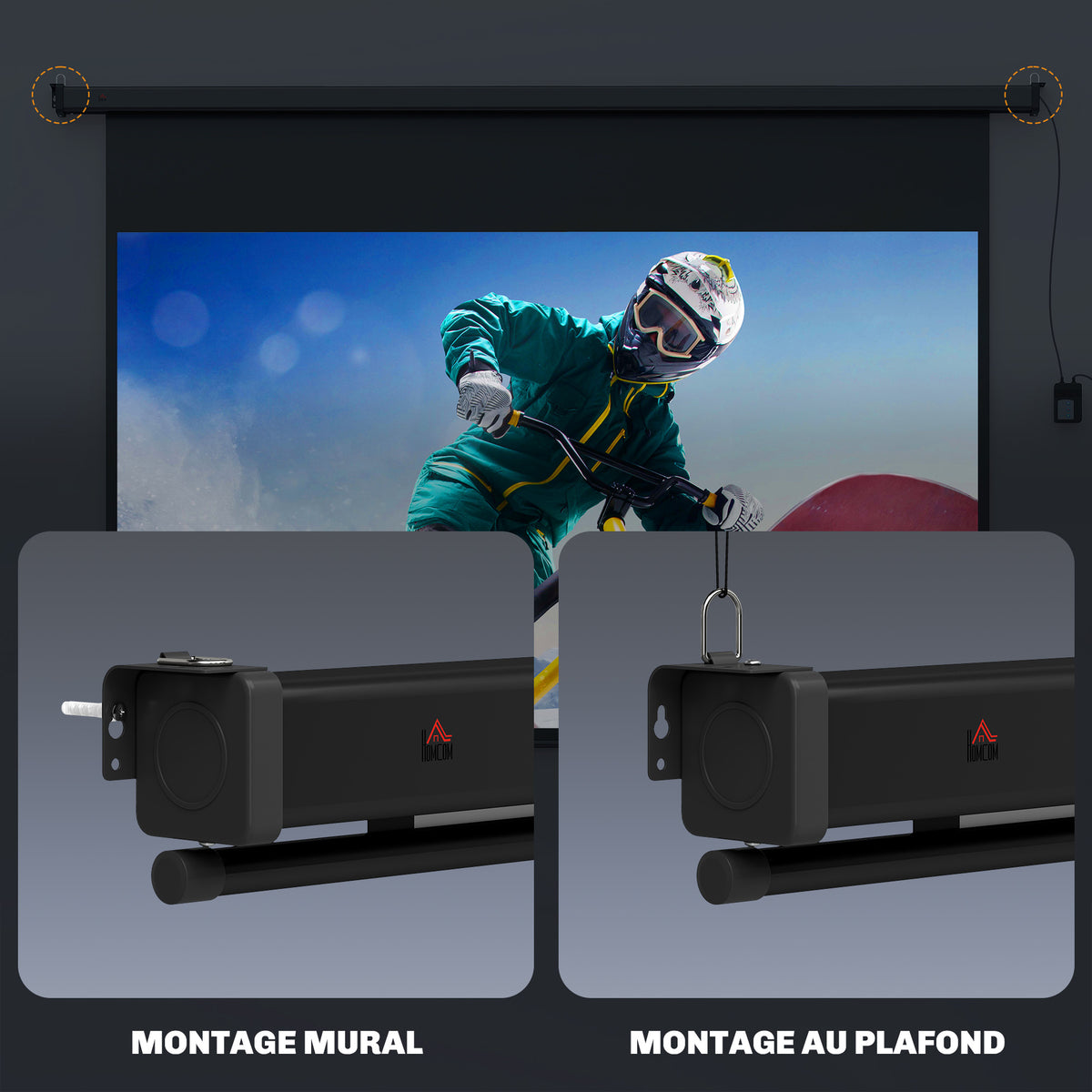 Écran vidéoprojecteur 100 Pouces, 16:9 4K HD montage mural ou plafond, panneau de commande et télécommande