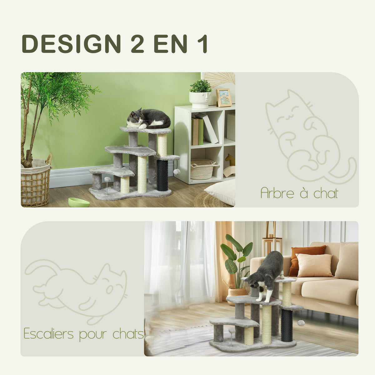 Arbre à chat tour à griffer hauteur de 50 cm avec plates-formes en peluche balles pour chat de moins de 5 kg gris clair