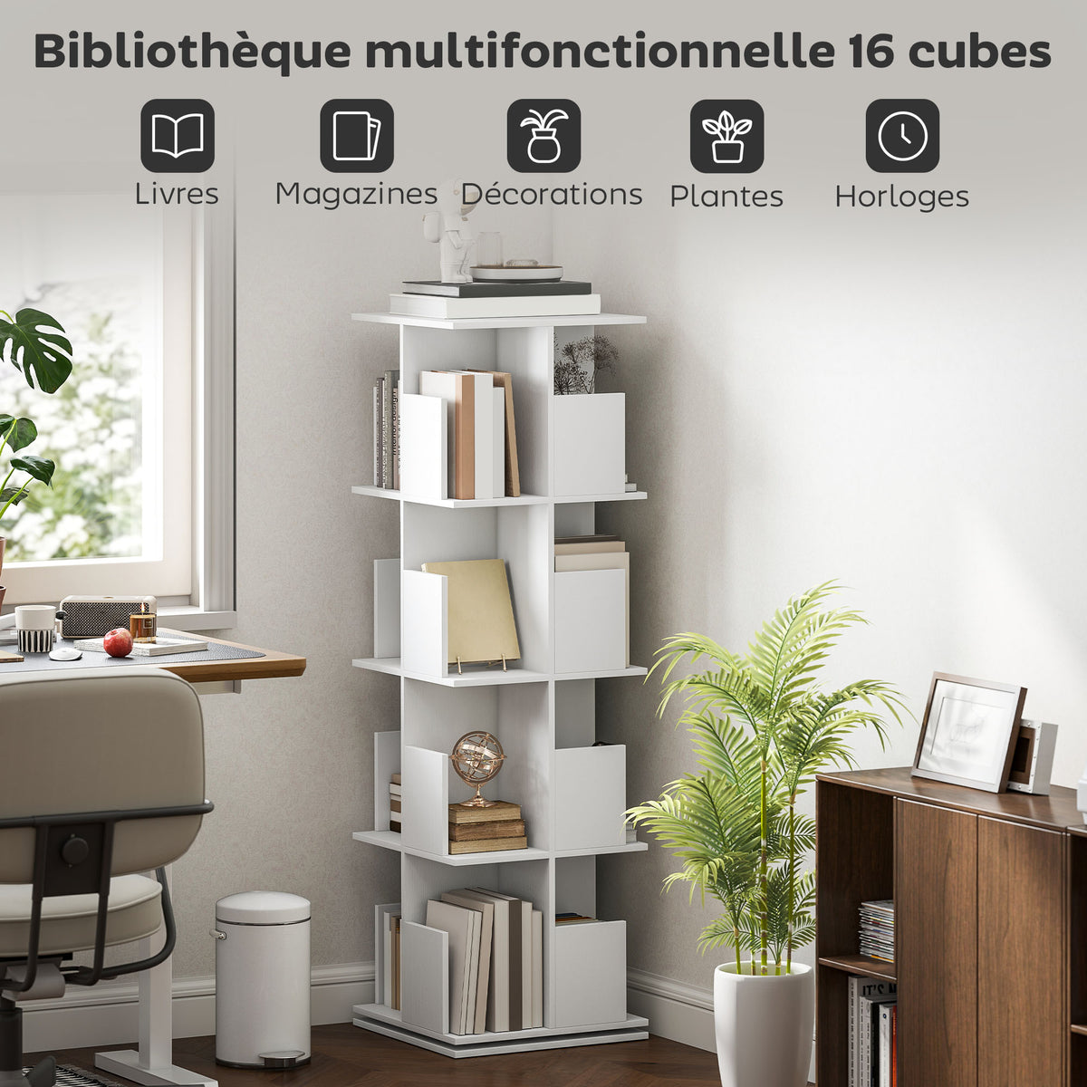 Draaibare boekenkast met 4 niveaus, opbergrek met 16 vakken, 39 x 39 x 128,3 cm, wit