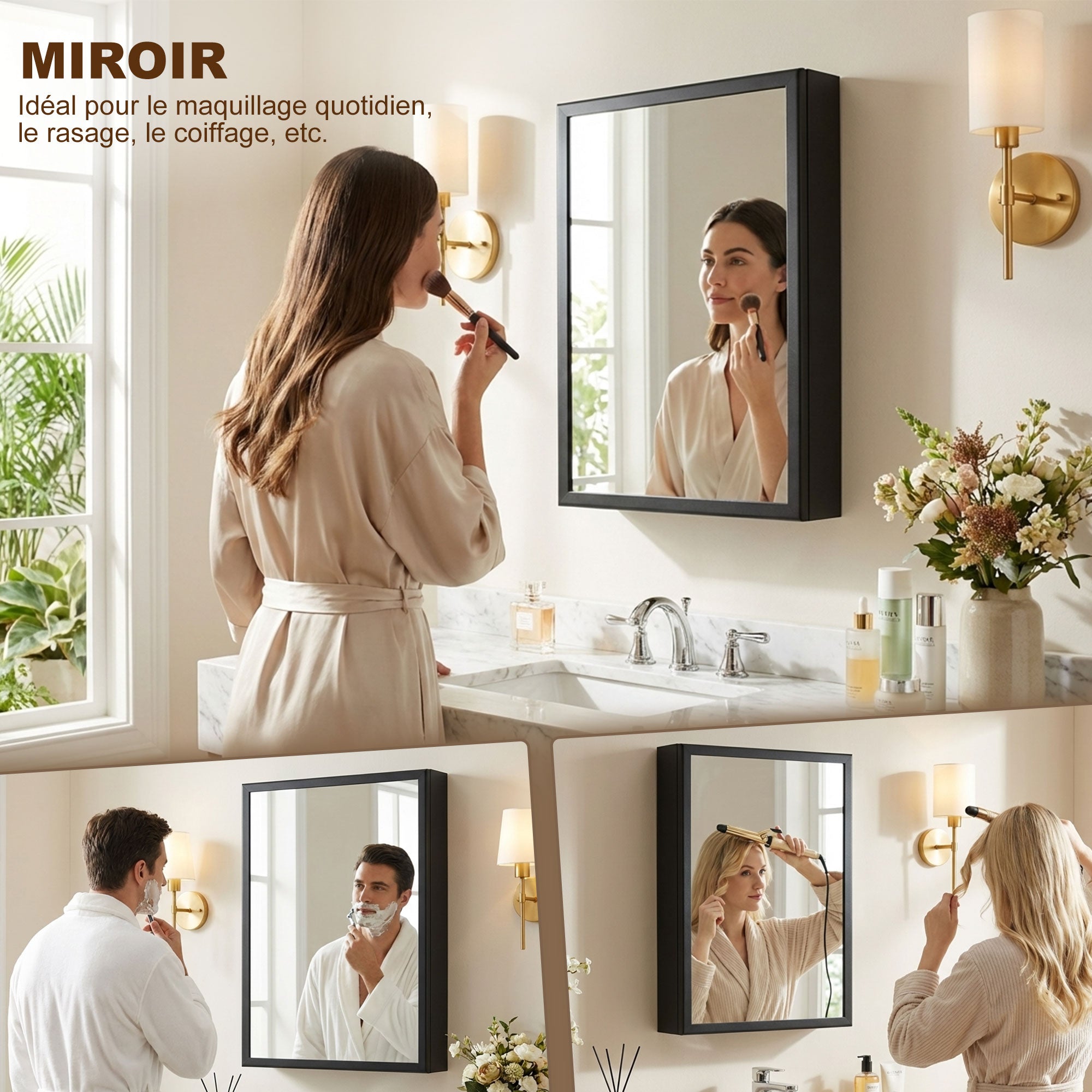 Armoire miroir de salle de bain armoire murale armoire à glace avec 1 porte et 2 étagères en acier 40 x 12 x 60 cm noir