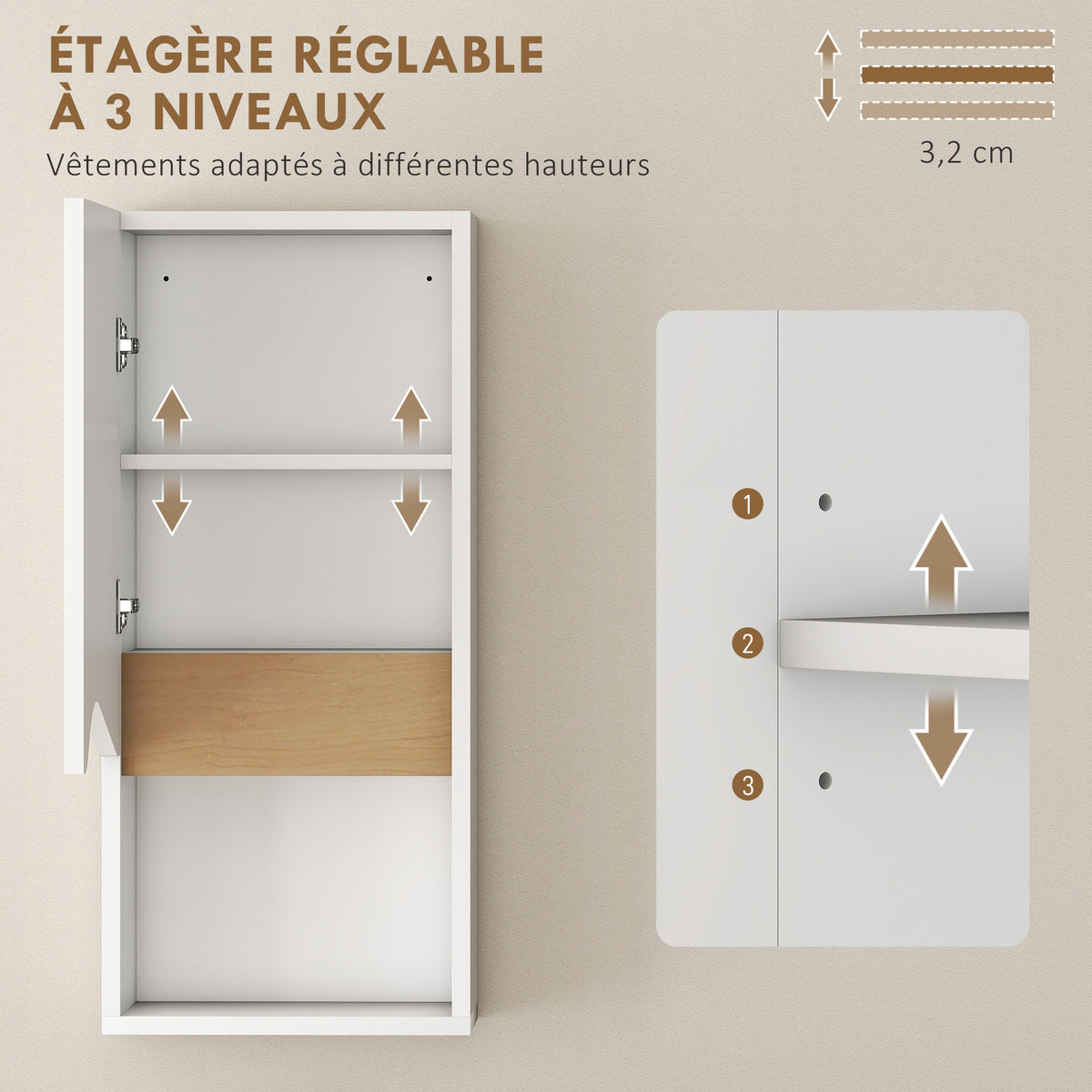Armoire murale de salle de bain avec porte à fermeture douce, étagère réglable et compartiment ouvert, 30x17x67cm, blanc