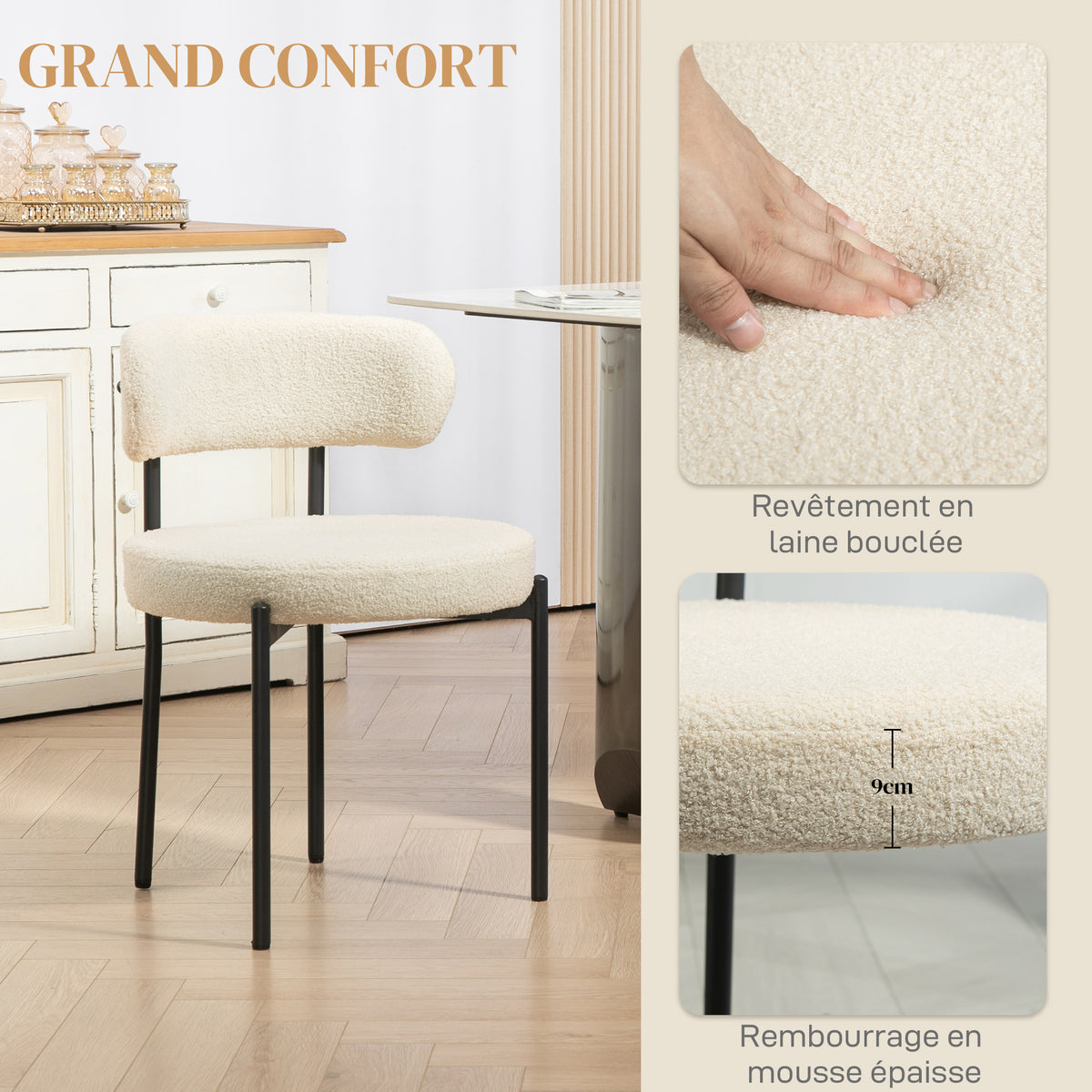 Juego de 2 sillas de comedor con respaldo de tela y patas de acero 51 x 51 x 76 cm beige negro