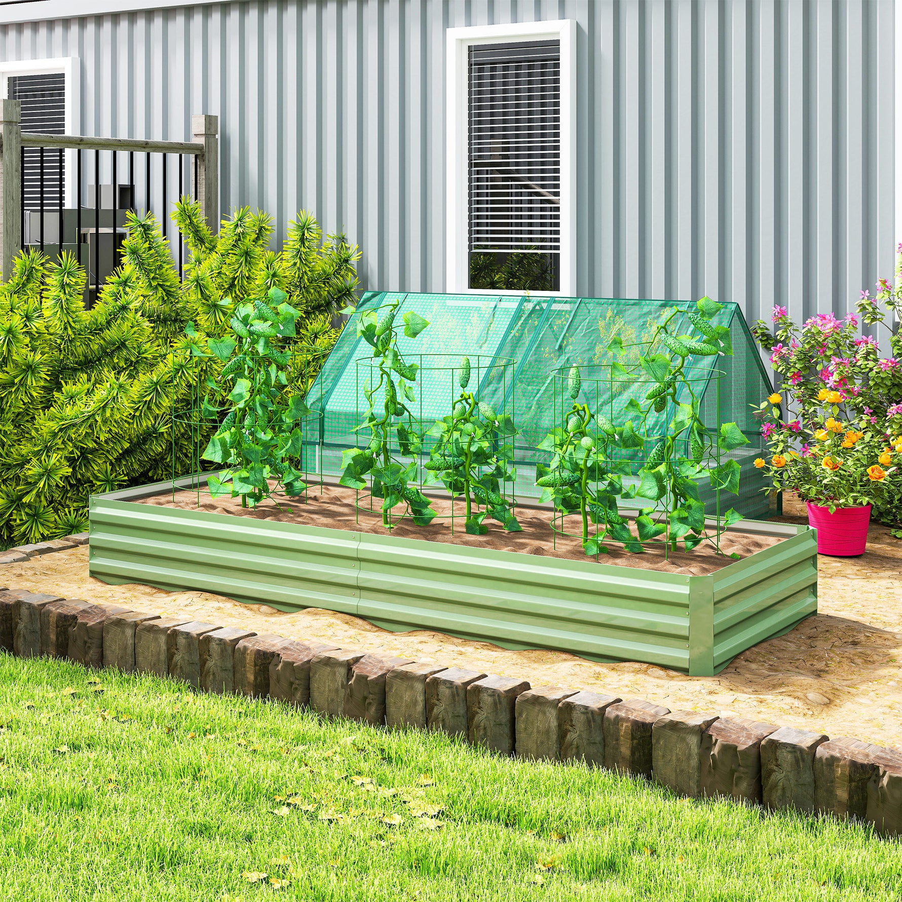 Carré Potager de Jardin Rectangulaire Jardinière Extérieure 241 x 90,5 x 30 cm Tôle d'Acier Ondulée Vert Clair