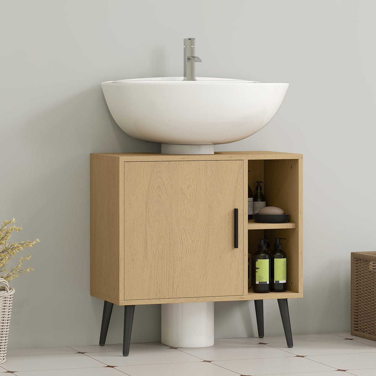 Meuble sous lavabo salle de bain avec porte à fermeture progressive et étagère réglable, 60 x 30 x 59,5 cm, chêne
