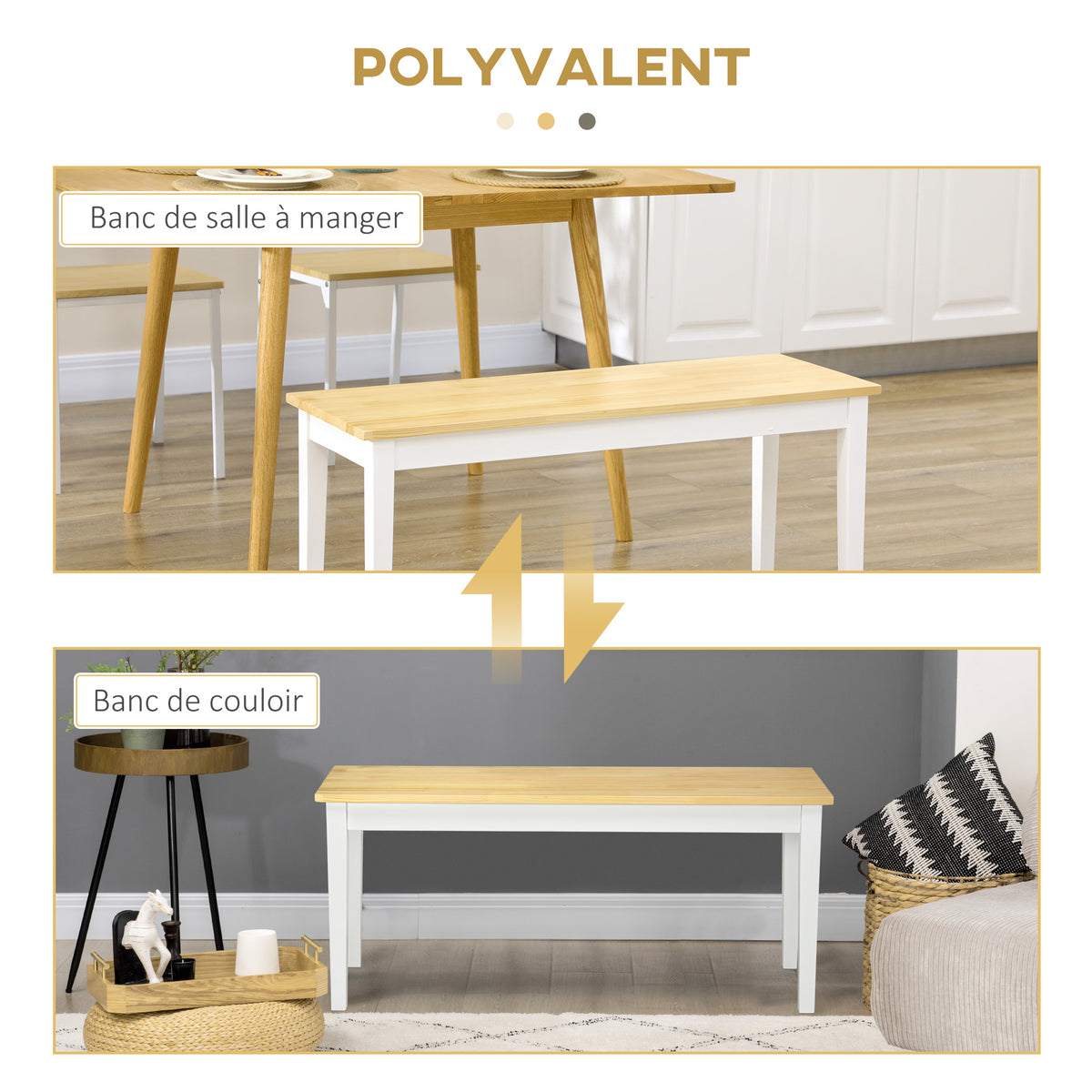Banc en bois pour 2 personnes bicolore assise naturelle et piètement blanc 102 x 36 x 45 cm