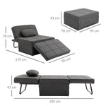 Chauffeuse 1 place 4 en 1 Fauteuil lit Convertible Pouf Dossier inclinable 5 Niveaux Repose-Pied Rabattable, Charge 200 Kg, châssis métal et Tissu Lin gris