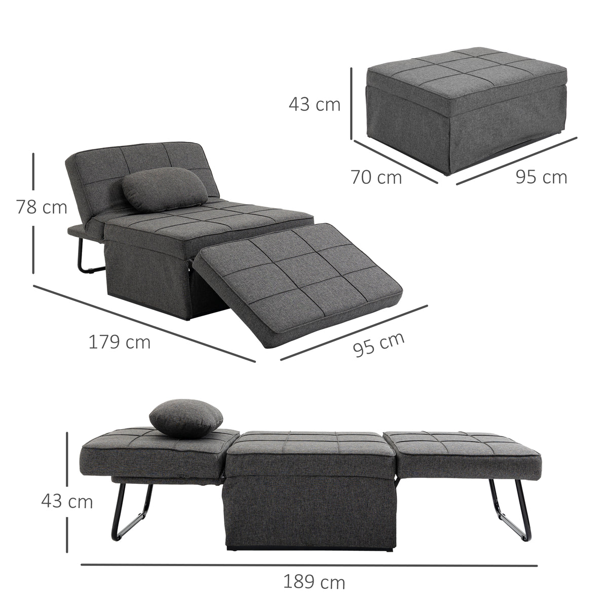 Chauffeuse 1 place 4 en 1 Fauteuil lit Convertible Pouf Dossier inclinable 5 Niveaux Repose-Pied Rabattable, Charge 200 Kg, châssis métal et Tissu Lin gris