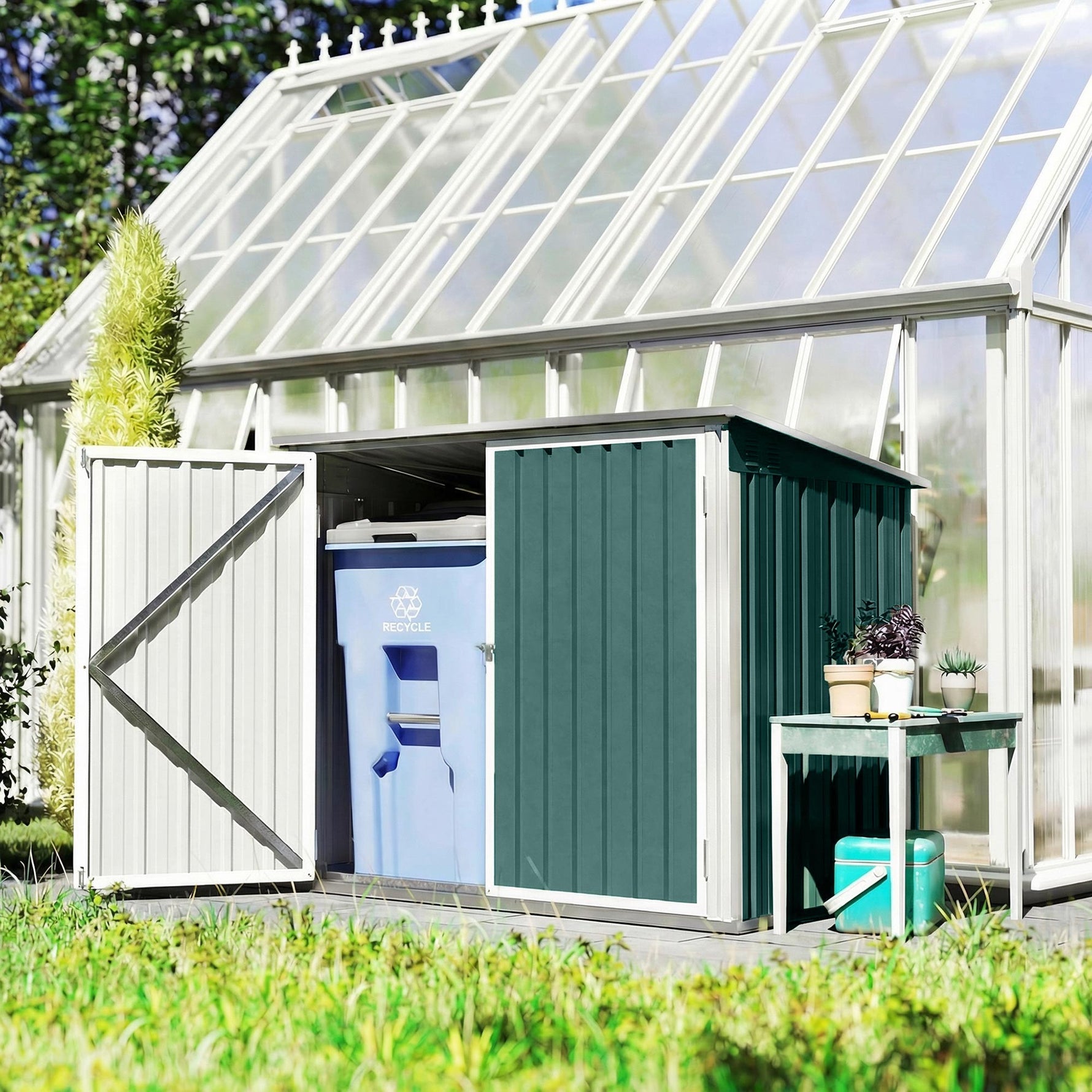Cache Poubelle Extérieur en Acier Galvanisé pour 2 Poubelles, Double Porte, Couvercle Pneumatique, 180x108x130cm, Vert