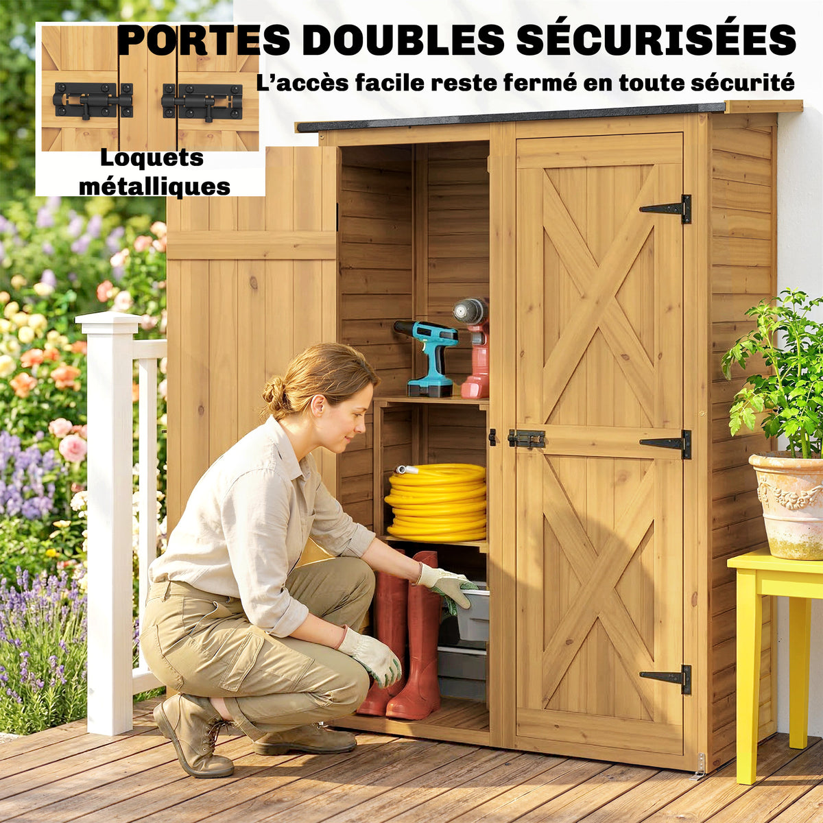 Abri de Rangement en Bois, Cabane de Jardin avec 2 Étagères, Marron