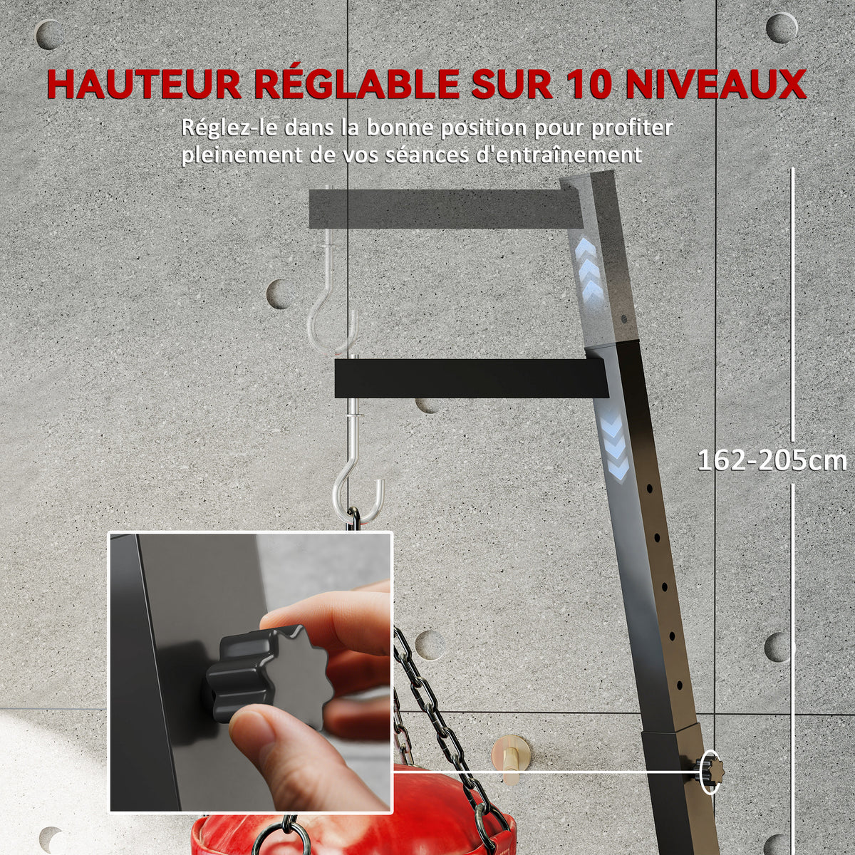 Support de sac de frappe sur pieds pliable réglable en hauteur avec base lestée charge max. 60 Kg acier noir
