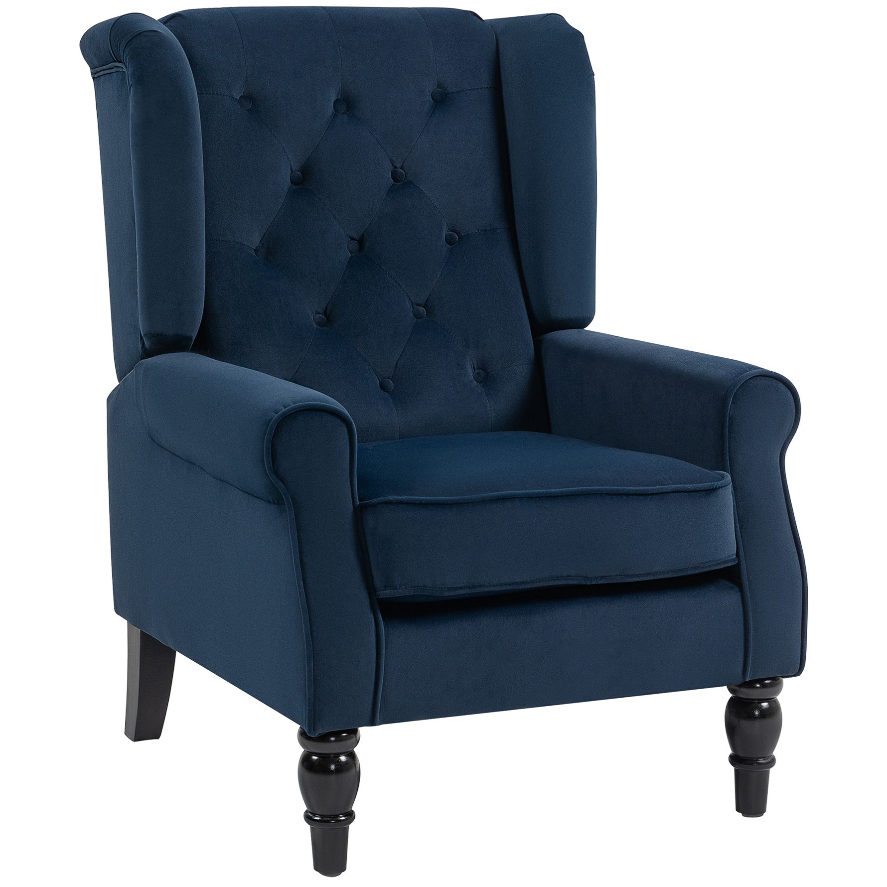 Fauteuil de salon capitonné avec assise large, pieds en bois, style classique, grand confort, 74x86x102cm, bleu foncé