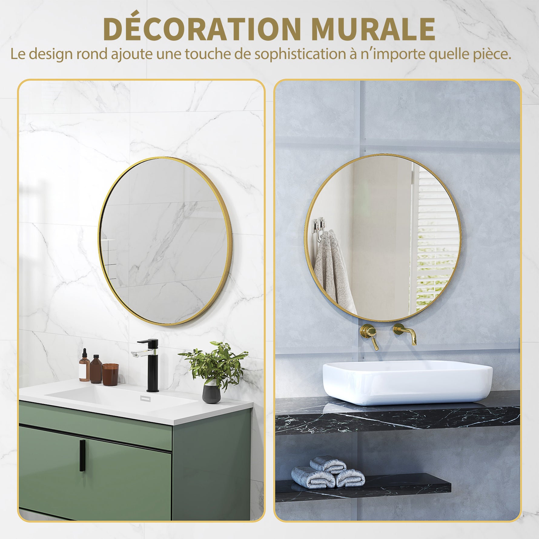 Miroir rond miroir salle de bain cadre en métal facile à installer, pour chambre, salon, entrée, Ø 70 x 2,5 cm or