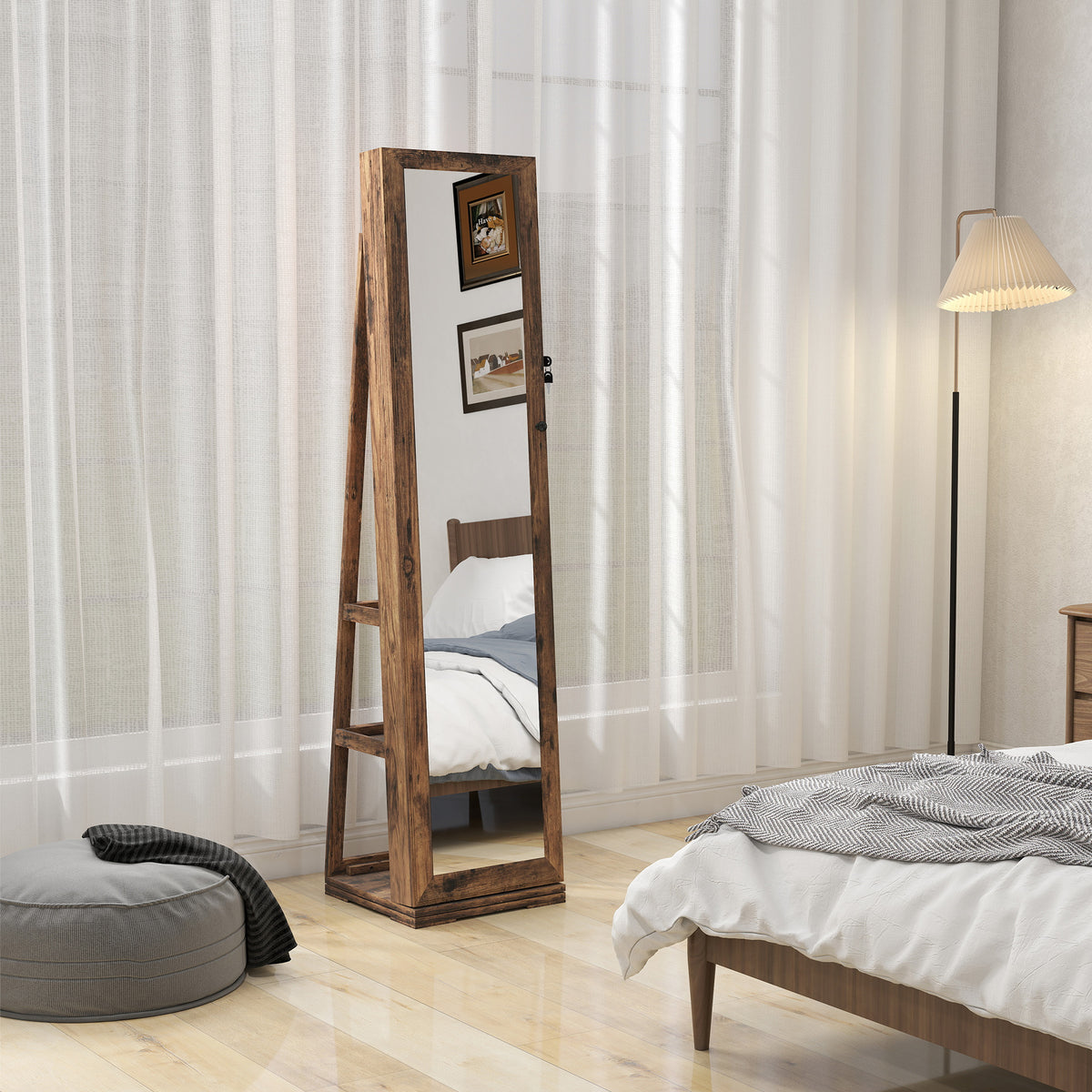 Lockable Swivel Jewelry Armoire with Mirror - Multi-Storage Jewelry Cabinet - Rustic Brown
